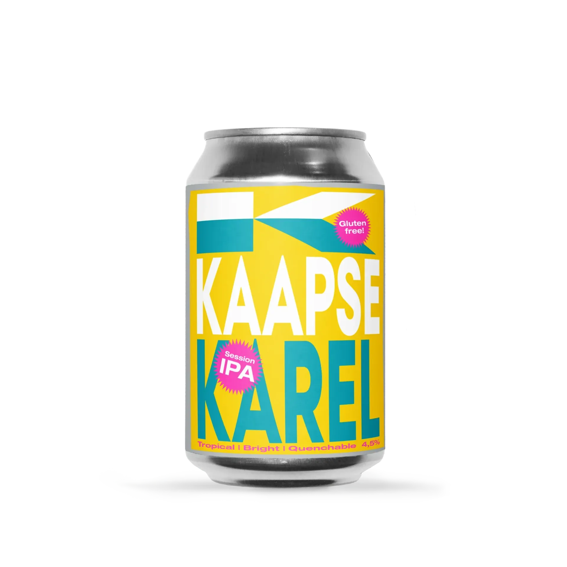 Geel bier blik van Kaapse Brouwers met speelse letters en  vlakken, Session IPA bier met zomerse en tropische uitstraling