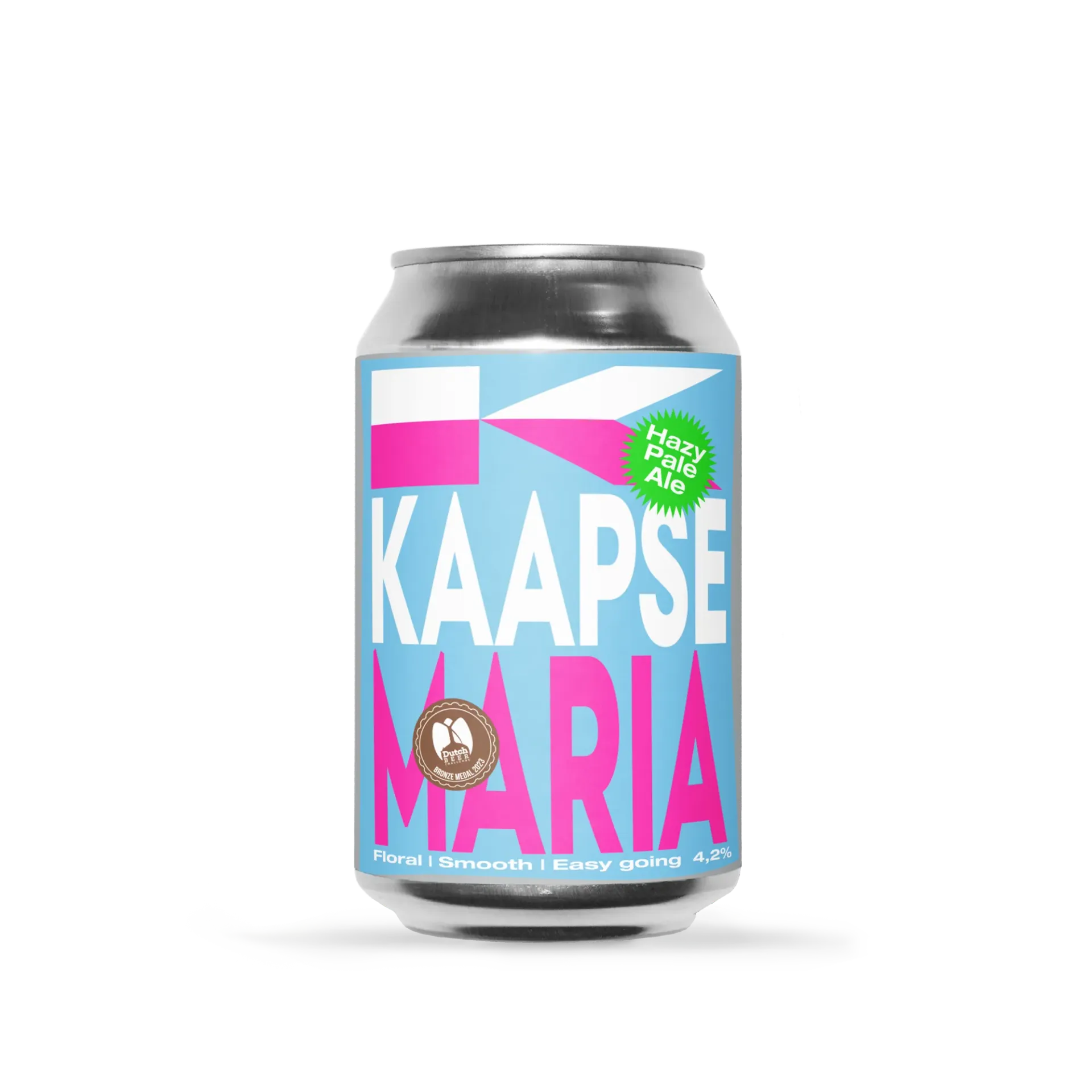 Kaapse Maria Hazy Pale Ale bier in lichtblauw-roze blik met strak grafisch ontwerp – fris bloemig doordrink bier