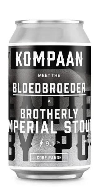 Blik Bloedbroeder bier van Kompaan, 9,1% imperial stout met rode wijn, zwart-wit design met krachtige typografie