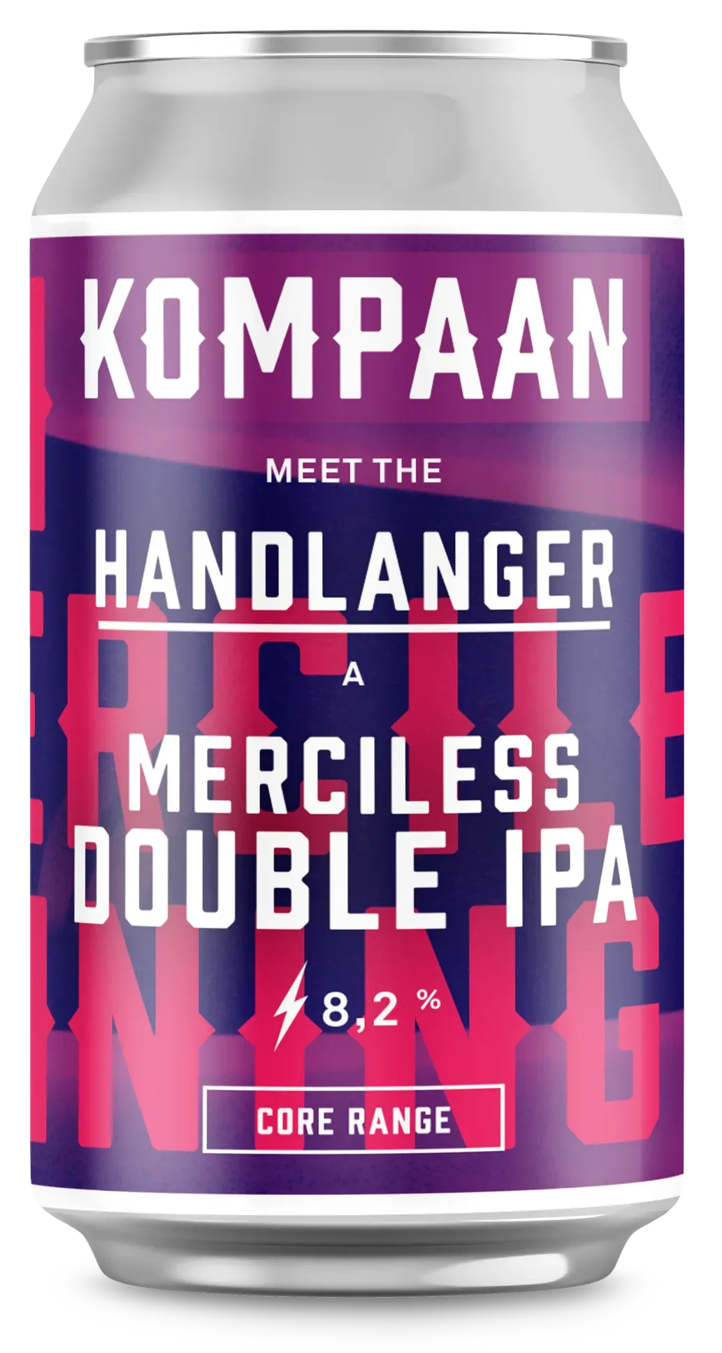 Paars-roze blik Handlanger Double IPA bier van Kompaan met 8,2% alcohol, stevige stijl en krachtige bier uitstraling.
