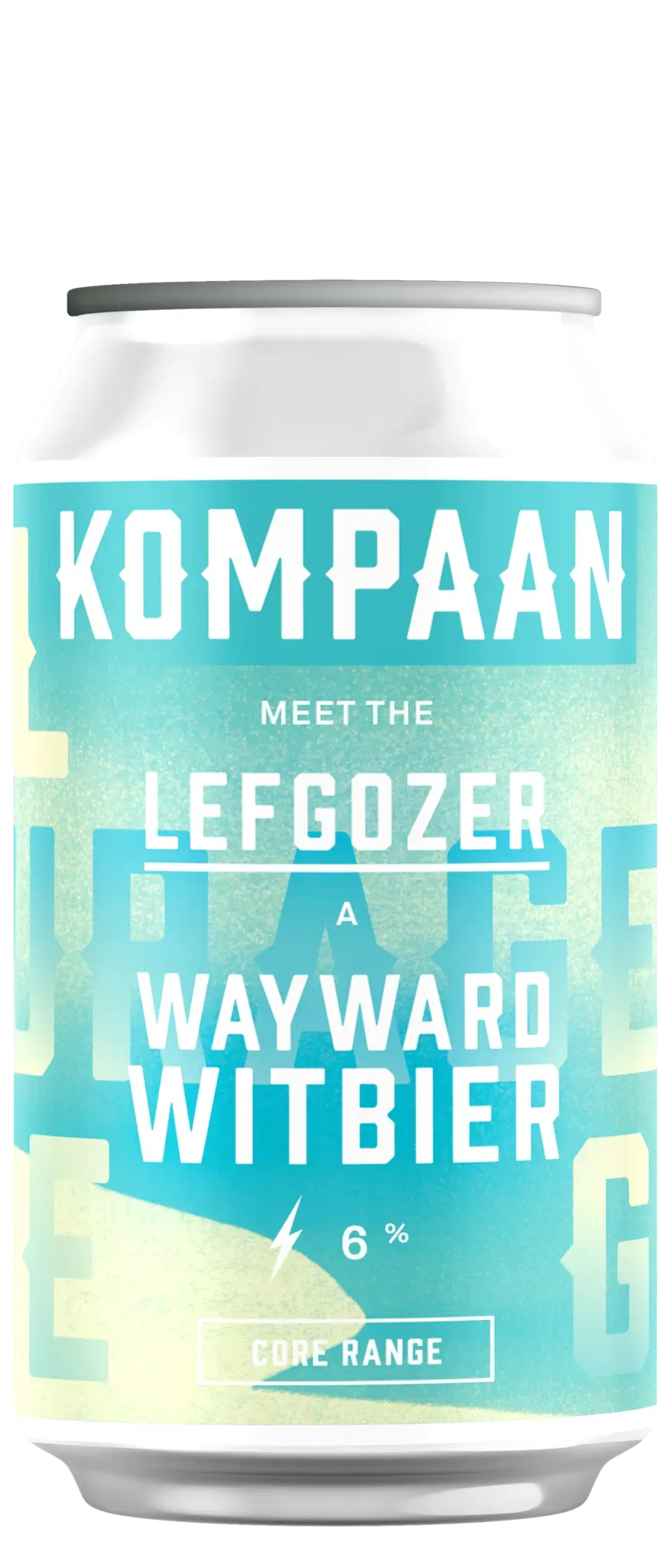 Blikje Kompaan bier met turquoise label en witte tekst ‘Lefgozer – Wayward Witbier – 6%’
