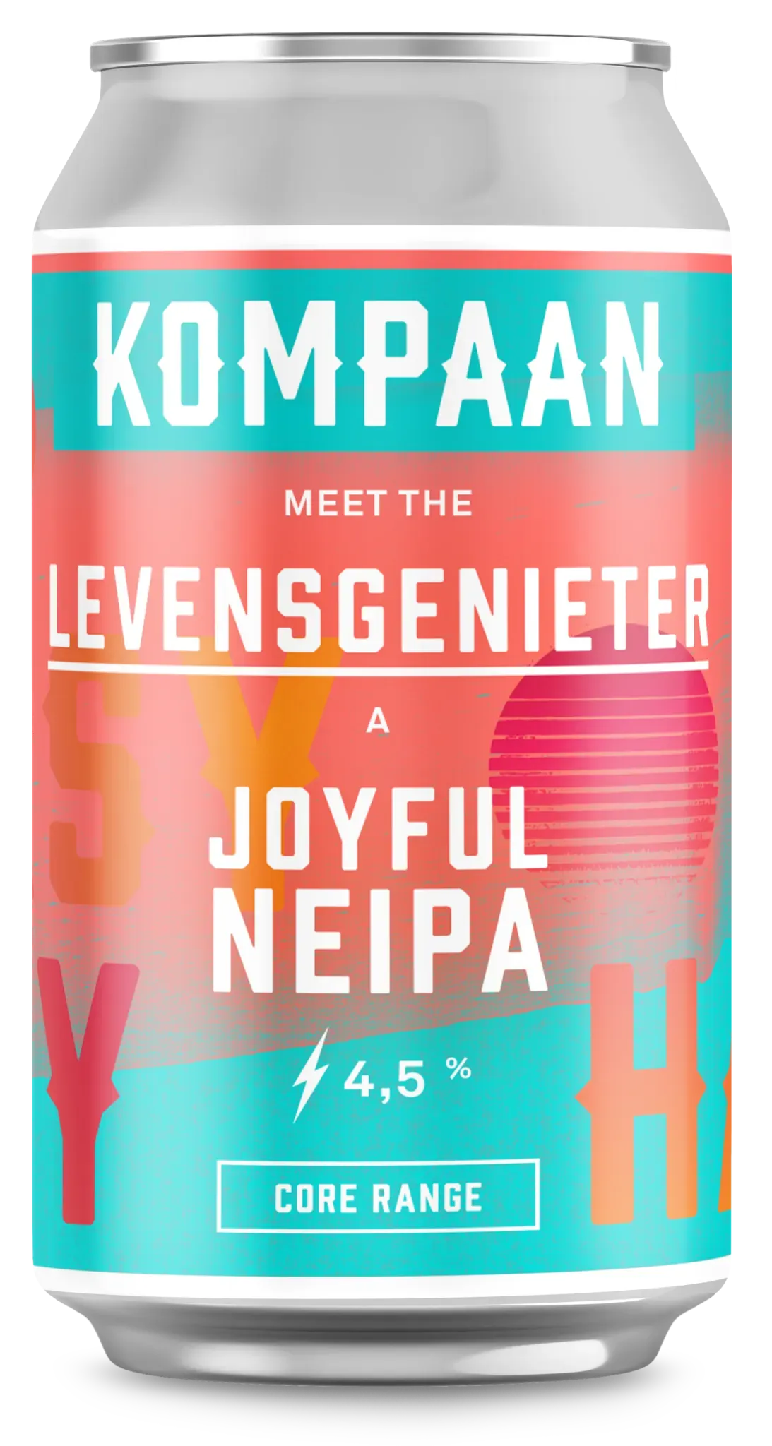 Blik Levensgenieter NEIPA bier van Kompaan met kleurrijk design, tropisch en licht bier van 4,5% alcohol in de core range