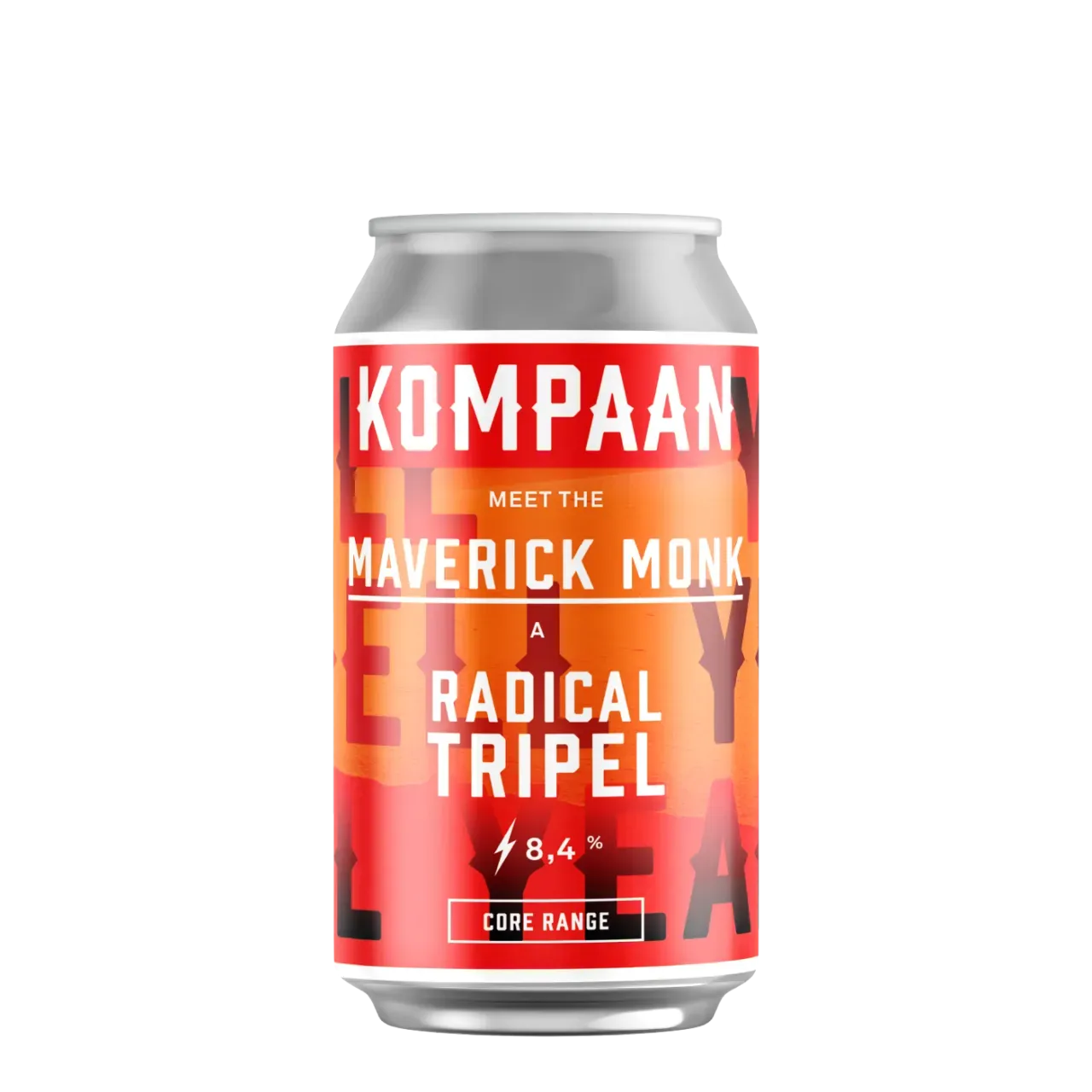 Blikje tripel bier van Kompaan met oranje-rood etiket en tekst Maverick Monk Radical Tripel tegen zwarte achtergrond