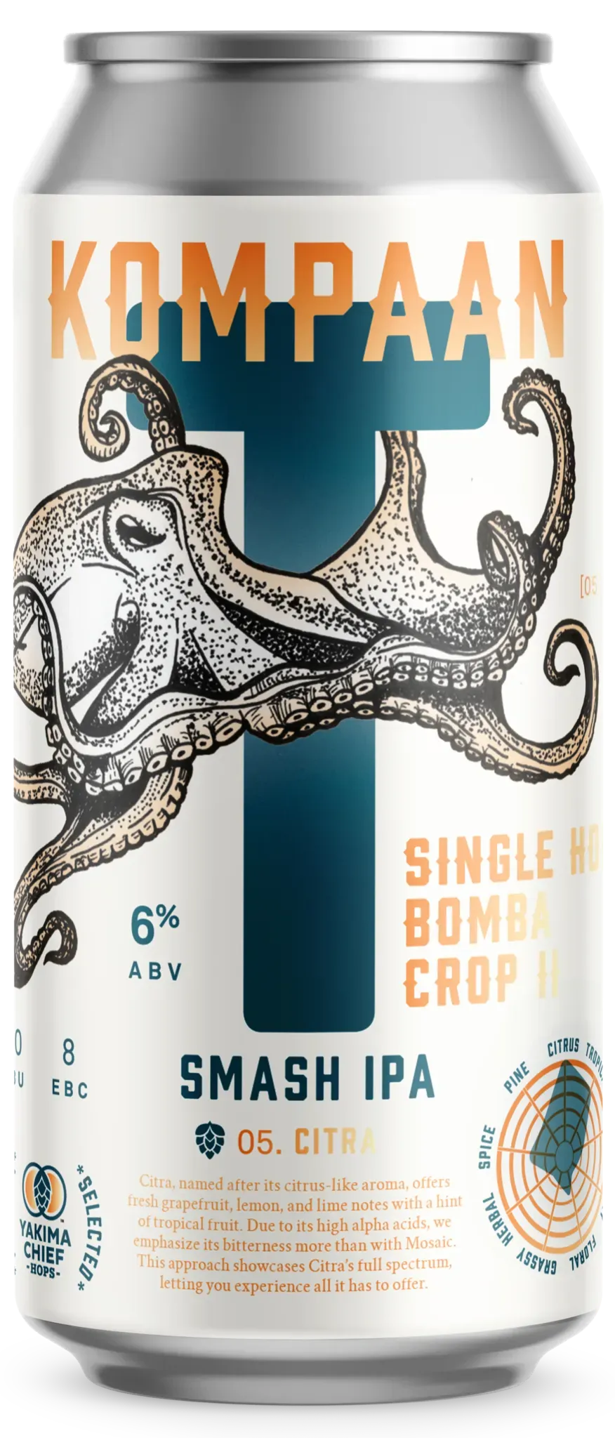 Blik bier van Kompaan met blauw kruis, oranje letters en octopusillustratie, Smash IPA bier met citrusaroma en flair