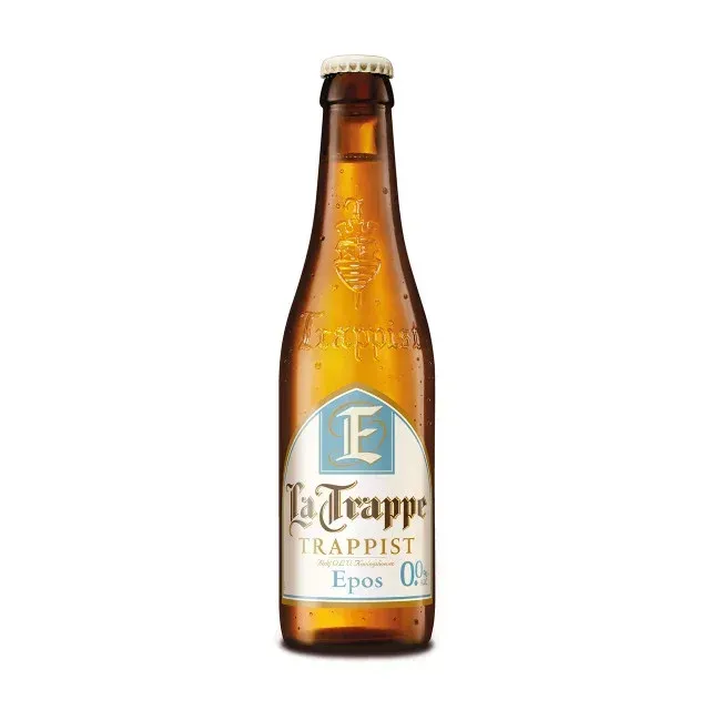 Fles bier La Trappe Trappist Epos 0.0% met klassiek wit-blauw etiket, alcoholvrij trappisten bier met kruidige diepgang