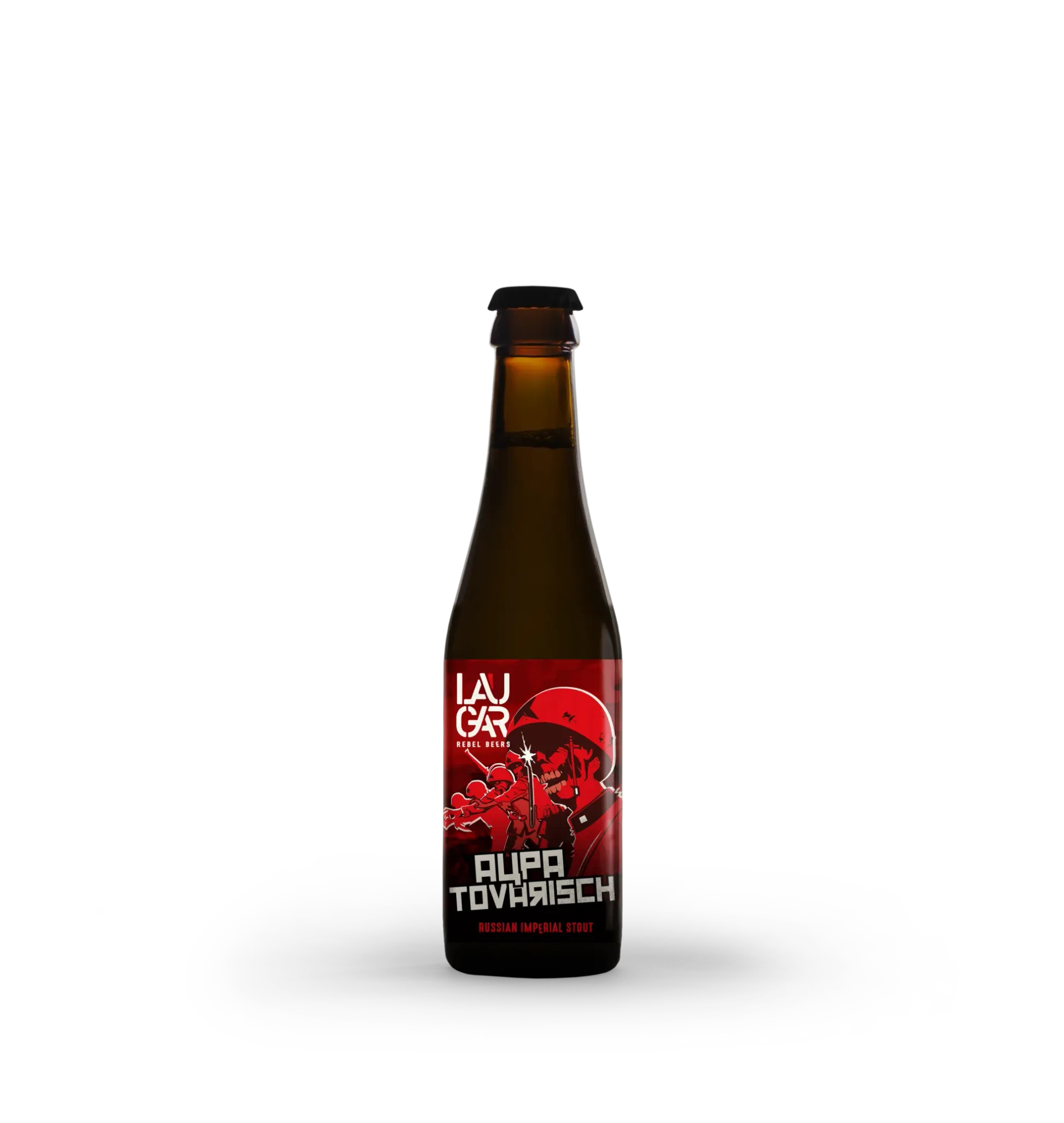 Fles Aupa Tovarisch bier van Laugar Brewery met rood Sovjetdesign, krachtige Russian Imperial Stout