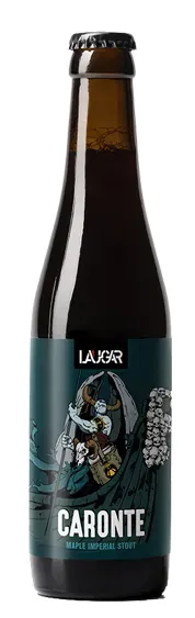 Fles Caronte bier van Laugar Brewery met illustratief label en donkere stijl, maple imperial stout