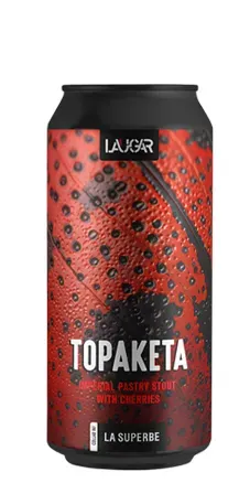 Blik Topaketa bier van Laugar Brewery, imperial pastry stout met kersen in rood-zwarte textuurstijl