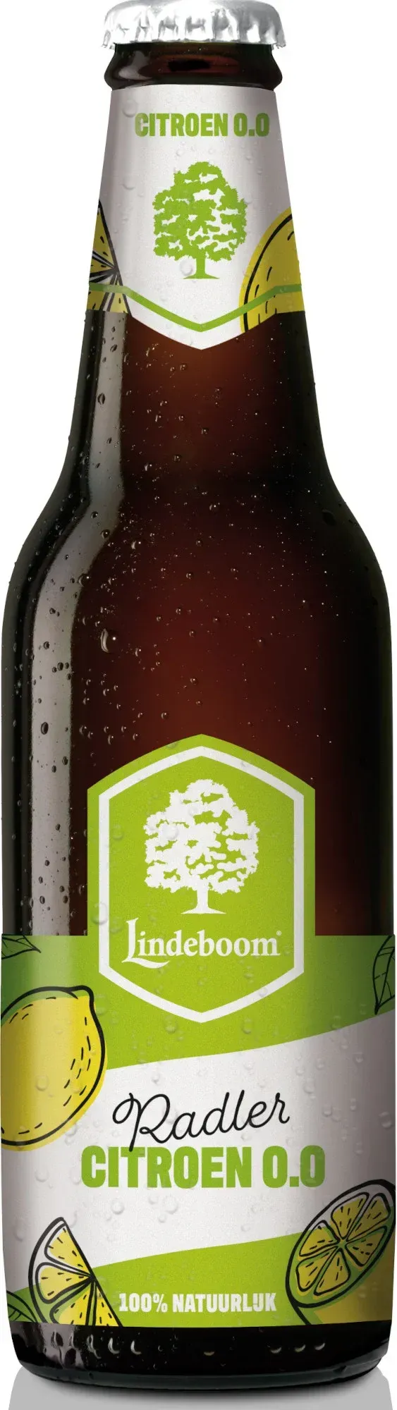 Fles Lindeboom Radler bier Citroen 0.0 met frisgroen etiket en citroentekeningen, alcoholvrije bier met citruskick
