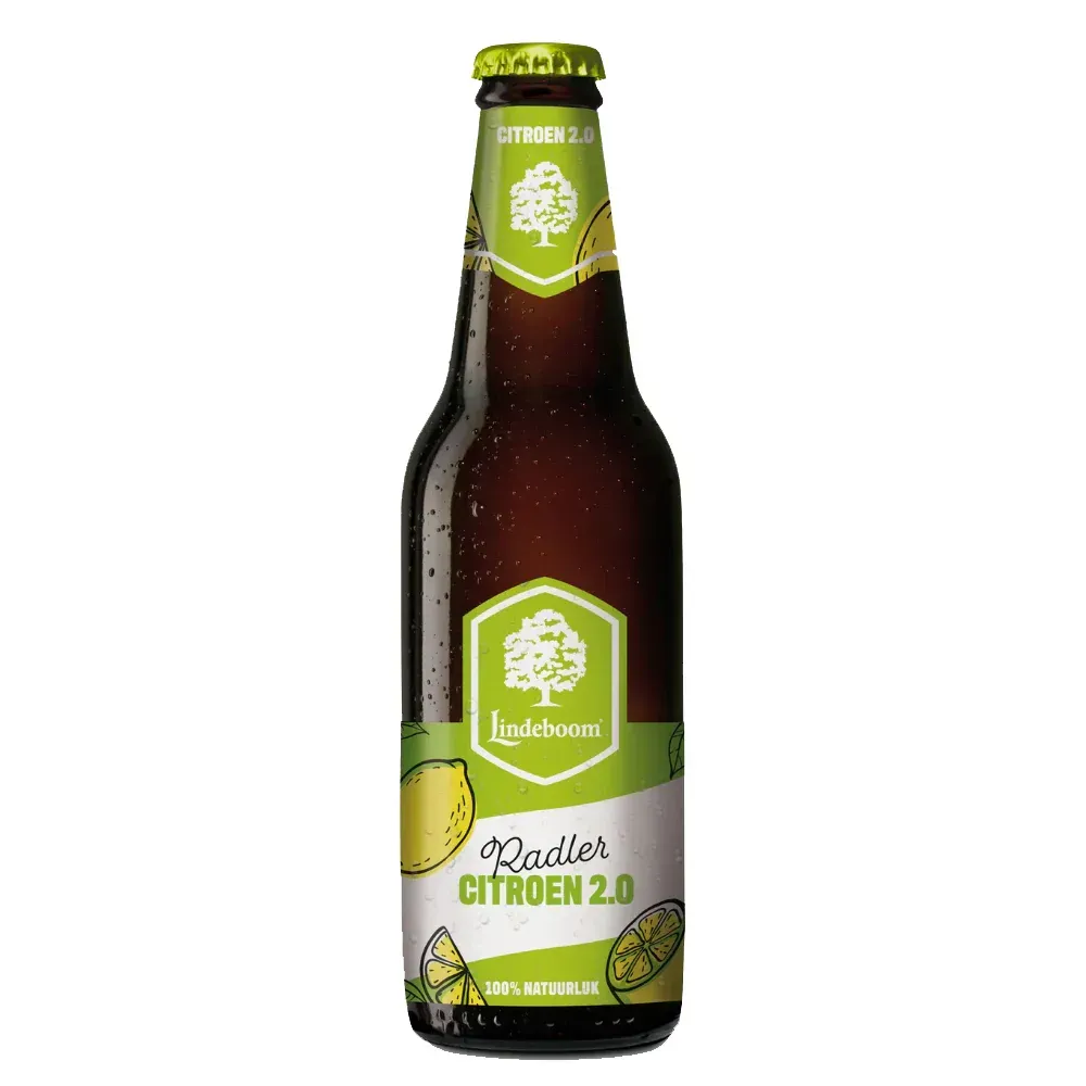 Lindeboom Radler Citroen 2.0 bier in frisgroen flesje met citroenen – licht, citrusachtig en zomers bier