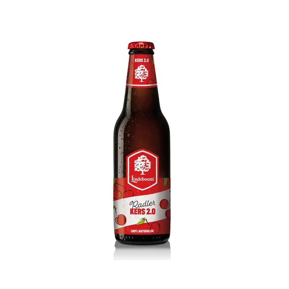 Lindeboom Radler Kers 2.0 bier in rood flesje met kersenillustratie – fruitig, licht en verfrissend bier