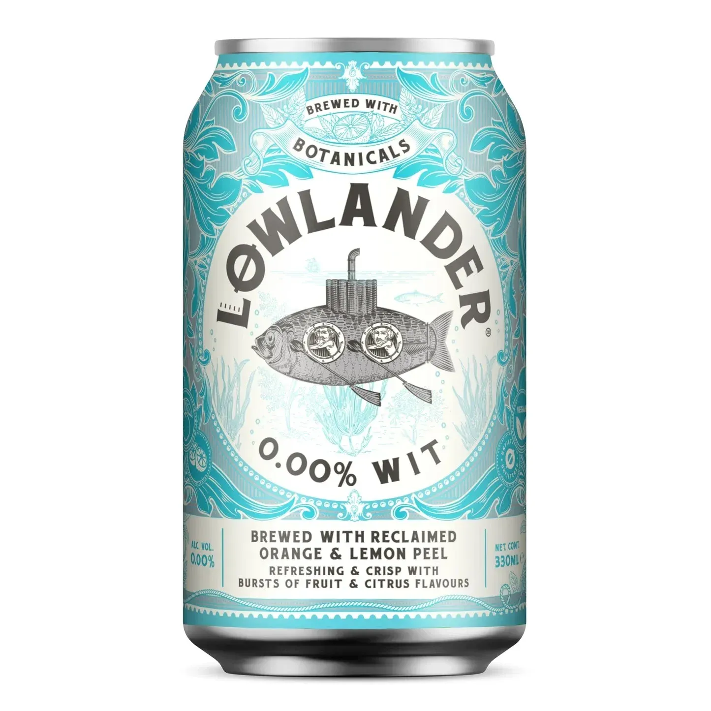 Lowlander bier – alcoholvrij witbier met sinaasappel en citroen in lichtblauw bier blik met vis-onderzeeër illustratie.