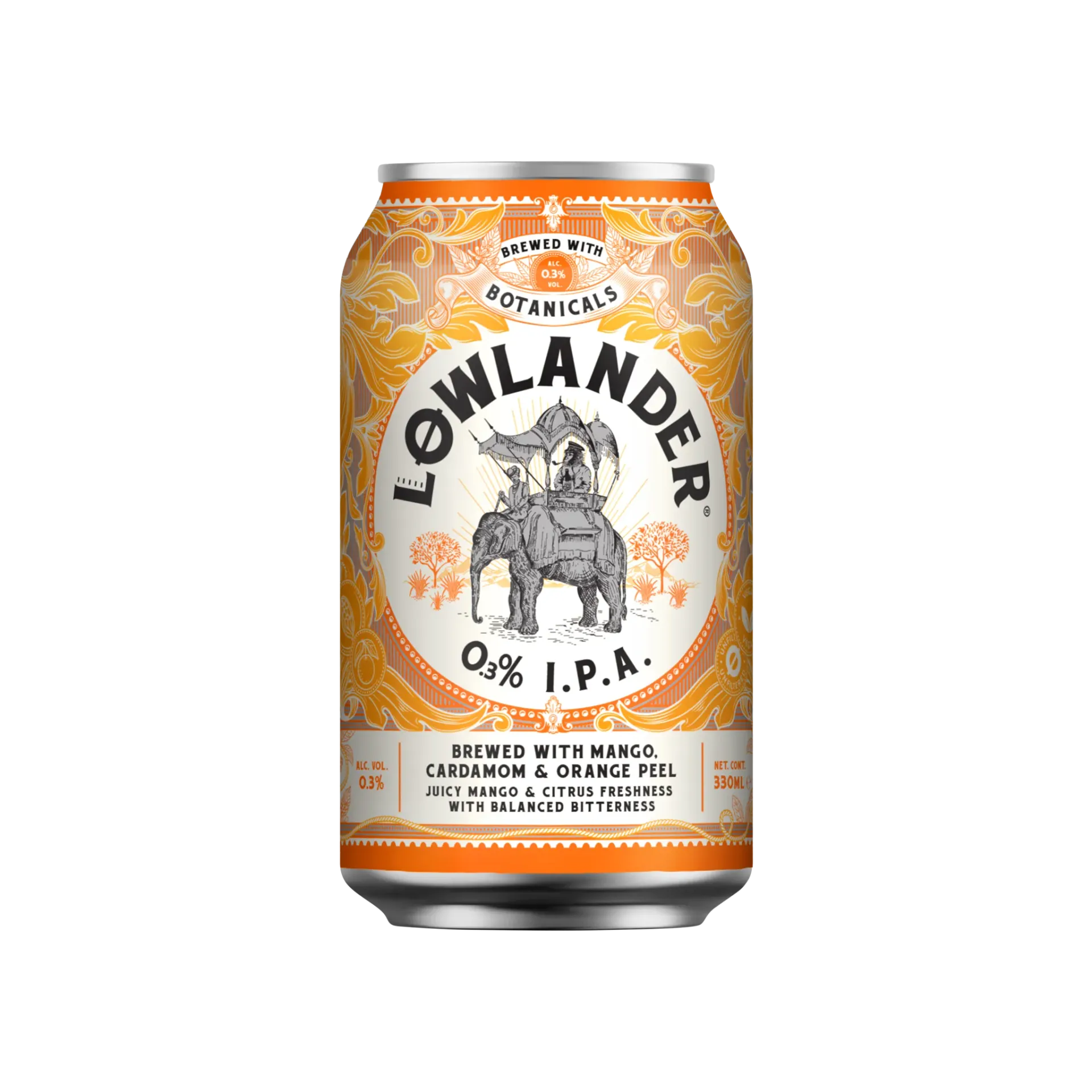 Lowlander bier – alcoholarme IPA met mango, sinaasappel en kardemom, fris en kruidig bier in blik met olifantillustratie