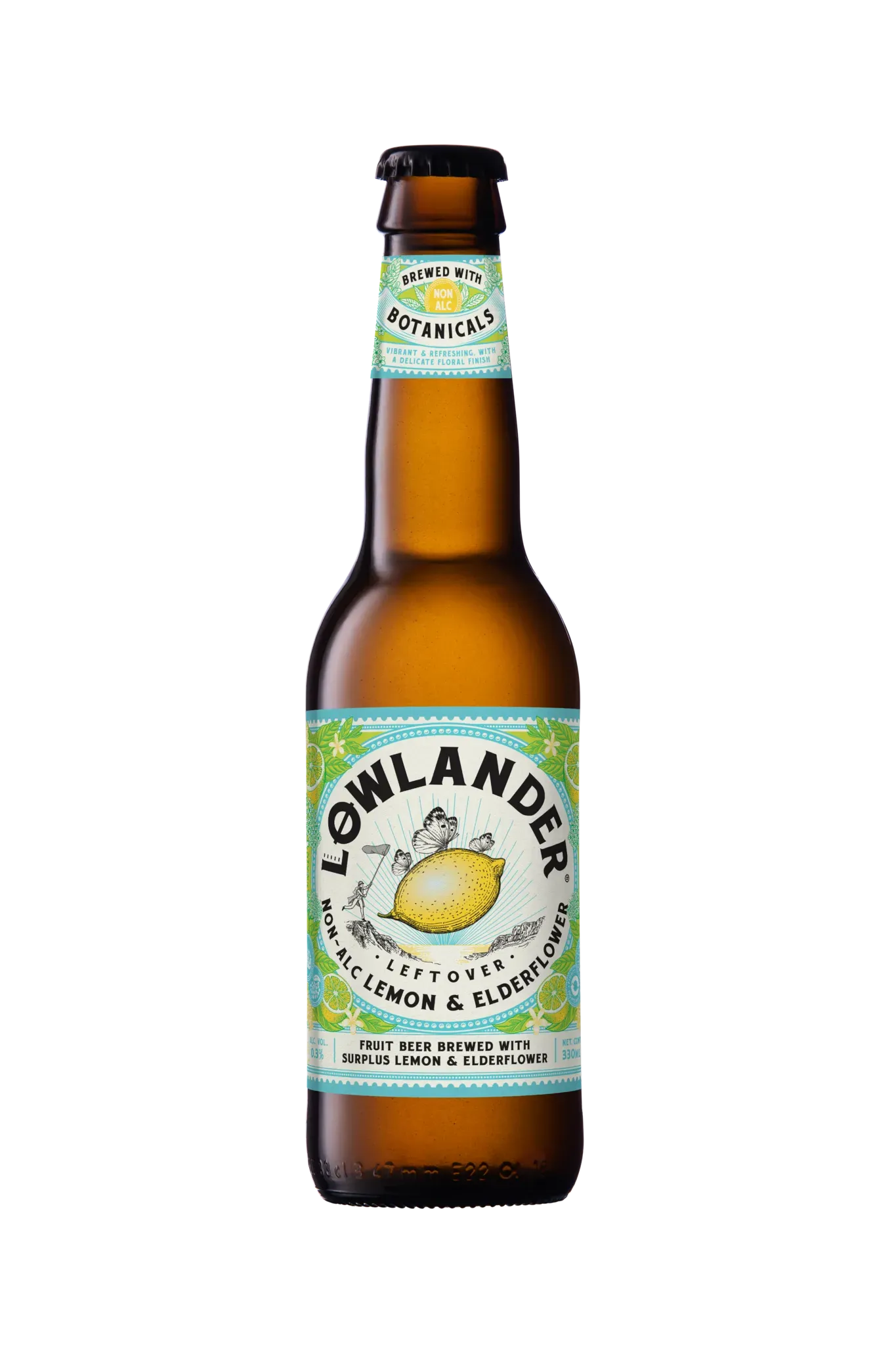 Fles Lowlander Lemon & Elderflower 0.3% bier met citroenillustratie, alcoholvrij bier met citrus en florale frisheid