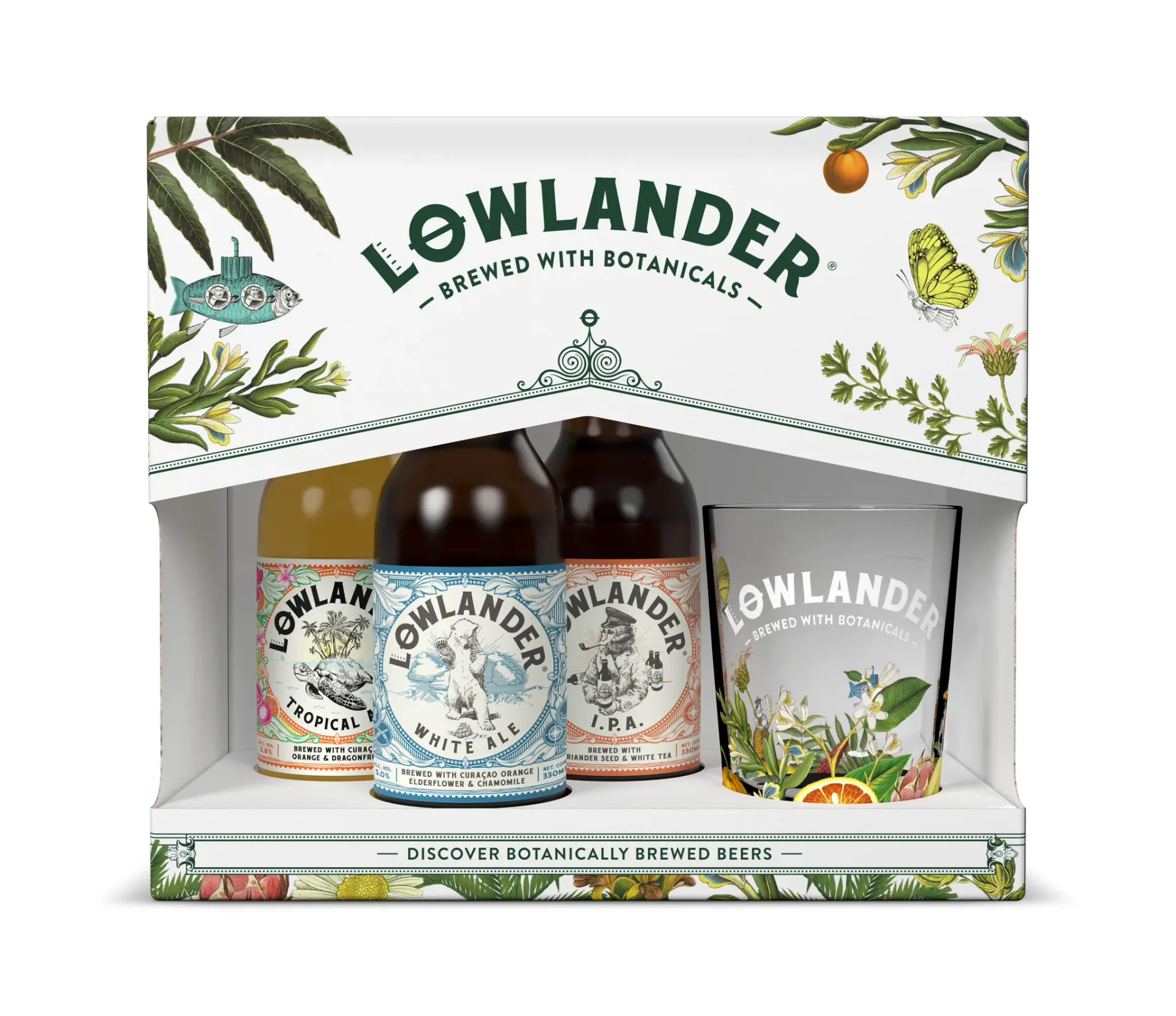 Lowlander botanicals bier pakket met 3 flessen en glas – Tropical Ale, White Ale en I.P.A. bier met kruiden