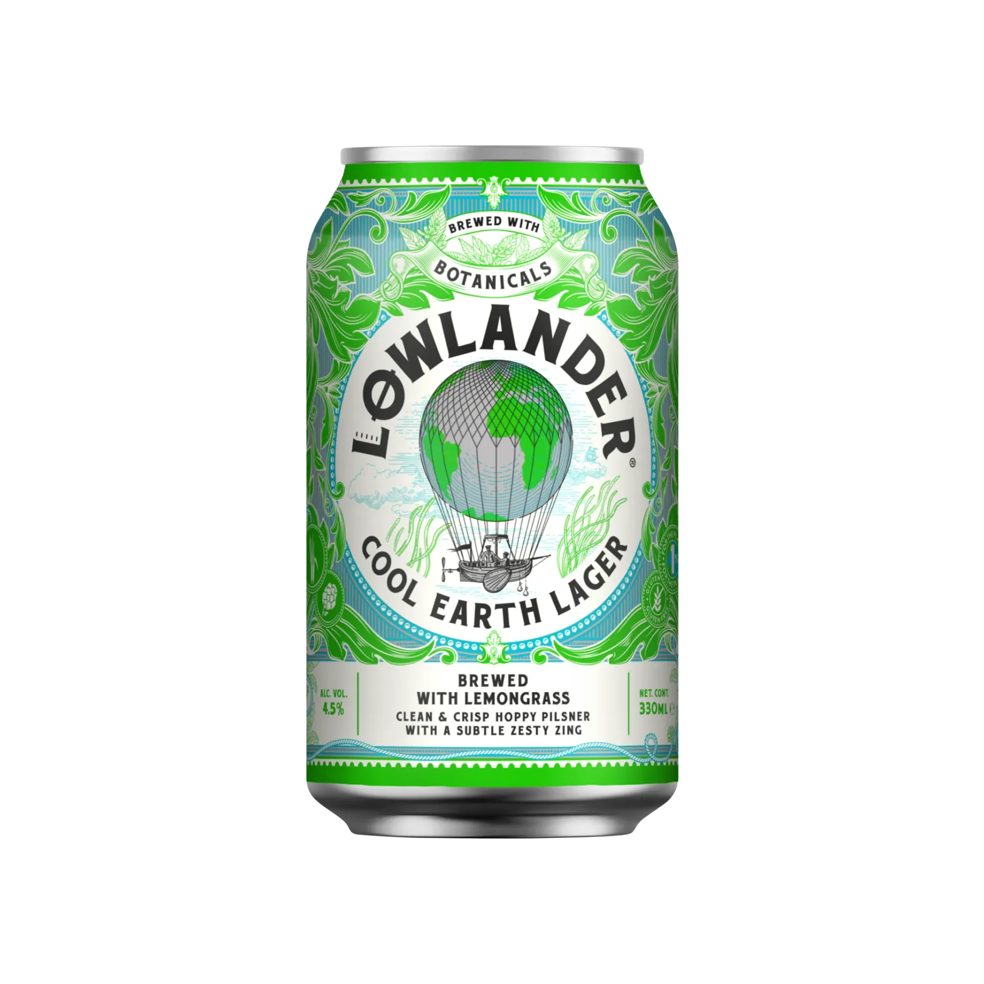 Blikje Lowlander Cool Earth Lager bier van 4,5%, gebrouwen met lemongrass, met illustratie van luchtballon.