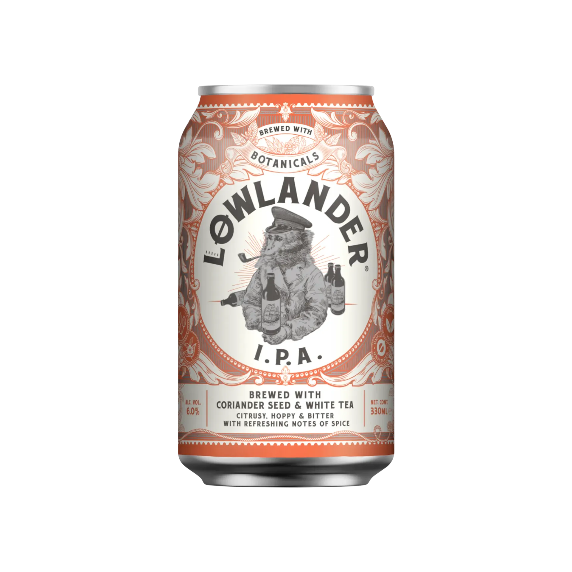 Wit-oranje blik Lowlander IPA bier met illustratie van een beer, IPA bier met korianderzaad, witte thee en kruidig bierstijl.