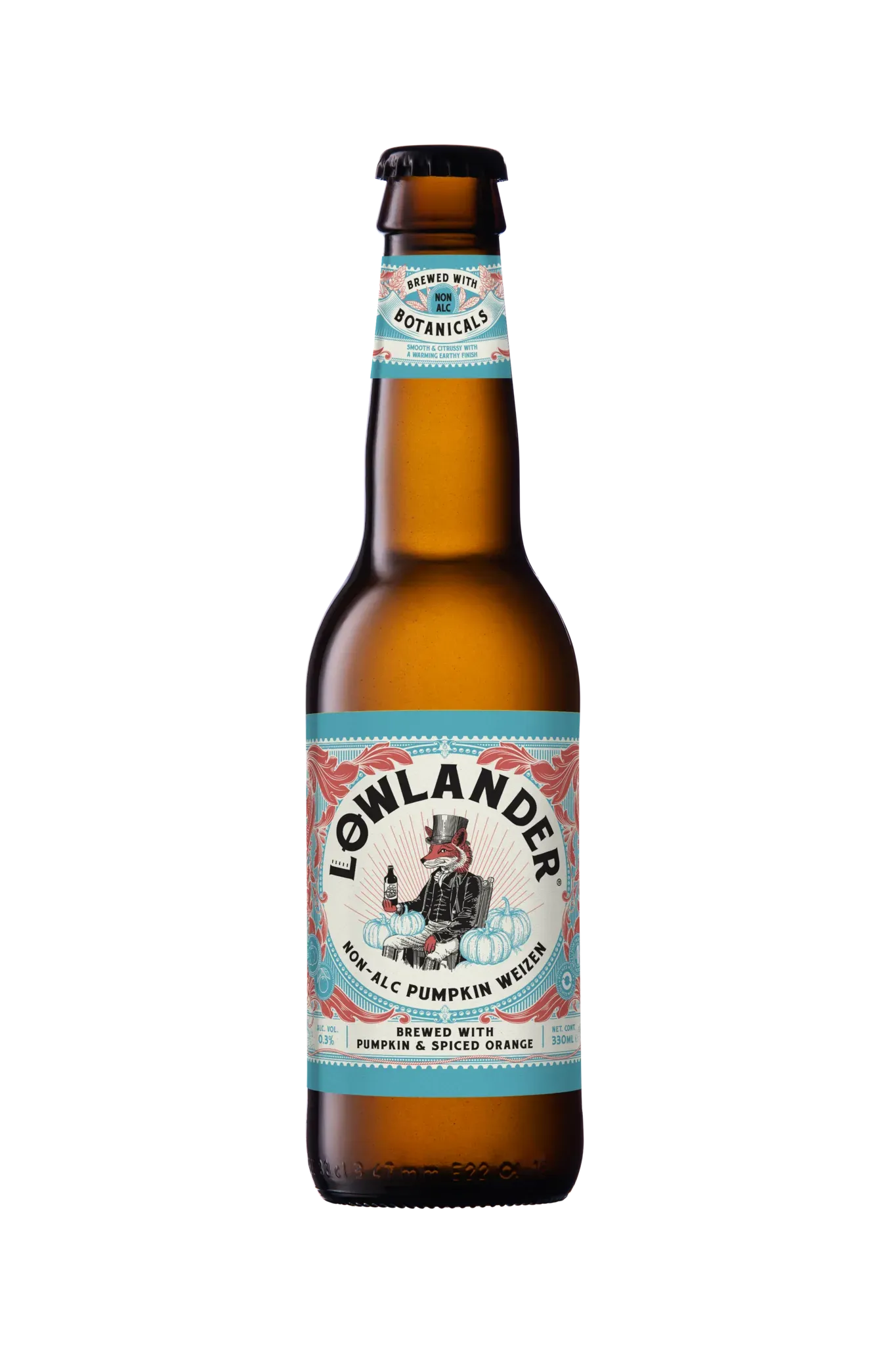 Fles Lowlander Non Alc Pumpkin Weizen bier met stijlvol vosdesign, alcoholvrij herfstbier met pompoen en sinaasappel