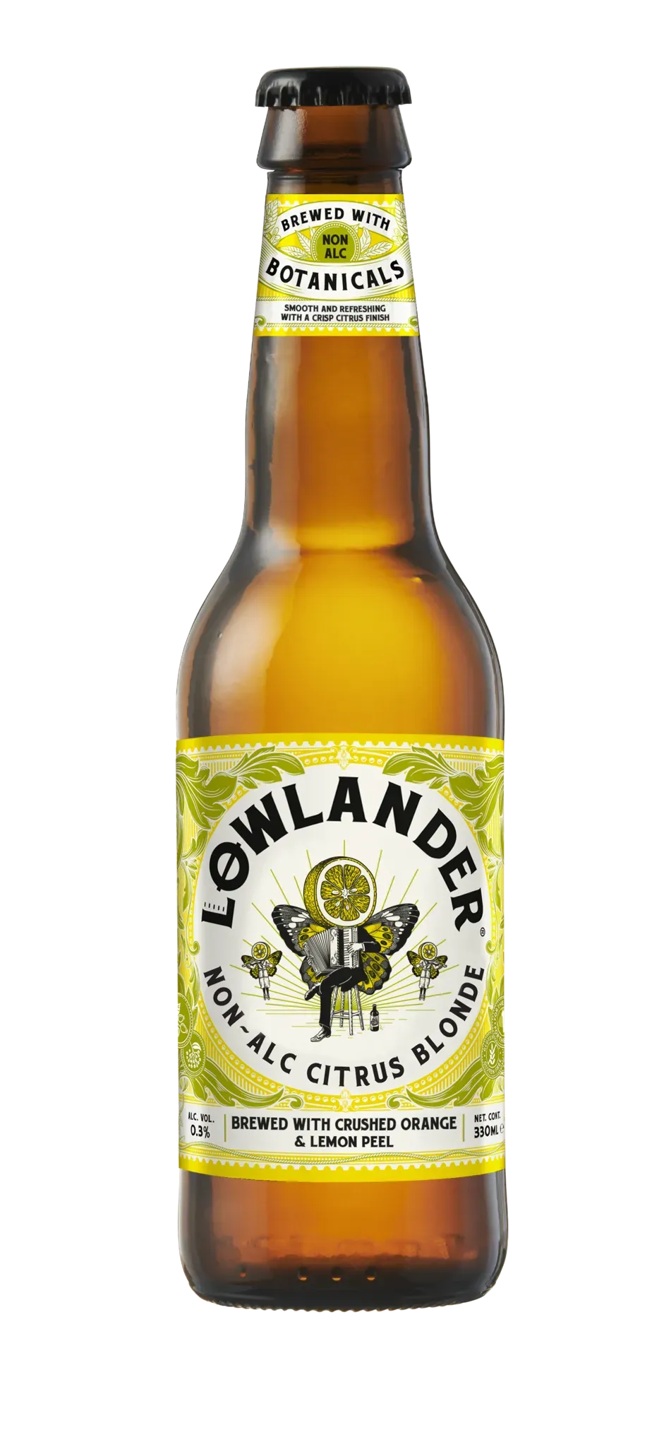 Lowlander bier – alcoholvrije citrus blond bier in fles met gele illustratie en smaken van sinaasappel en citroenschil.