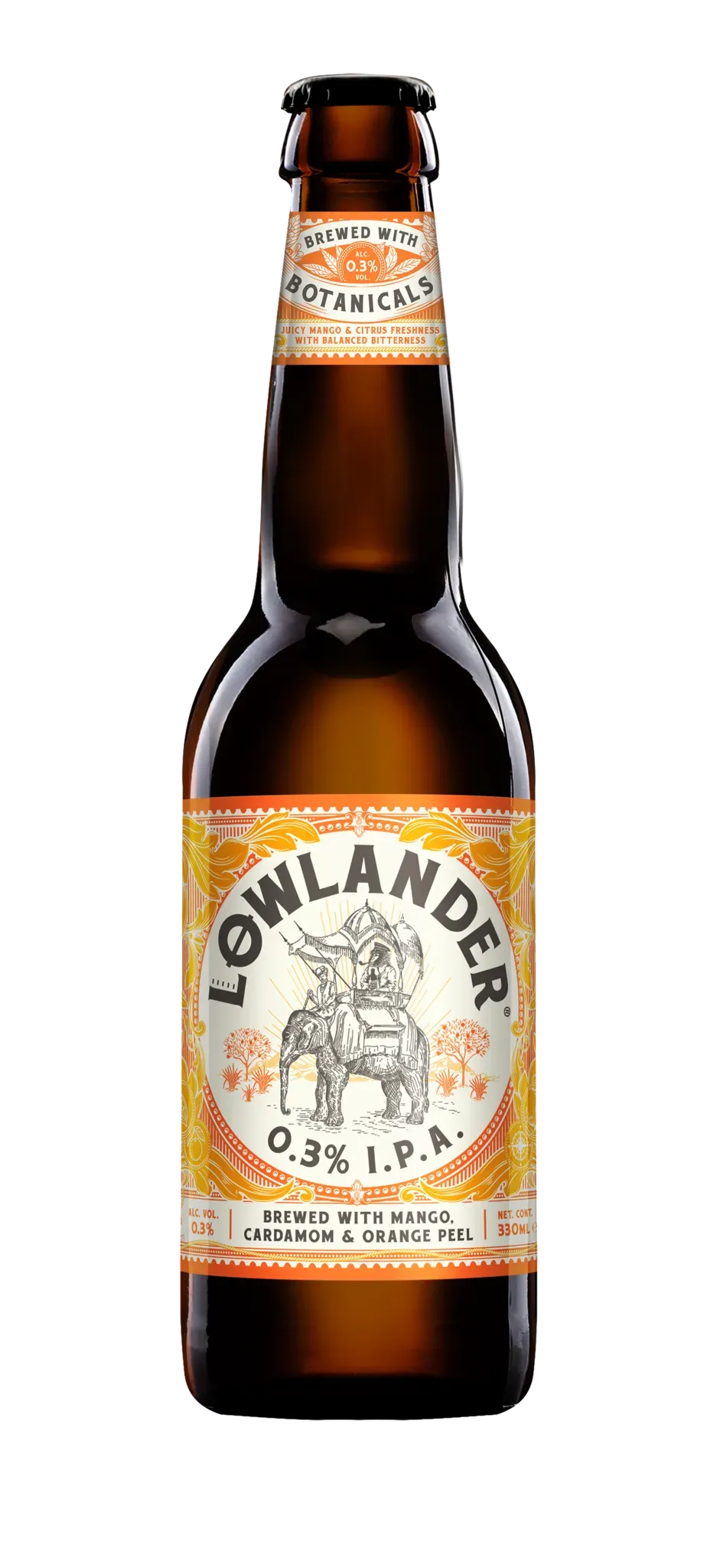 Lowlander bier alcoholarme IPA in bruine bier fles met oranje etiket, gebrouwen met mango, kardemom en sinaasappelschil.