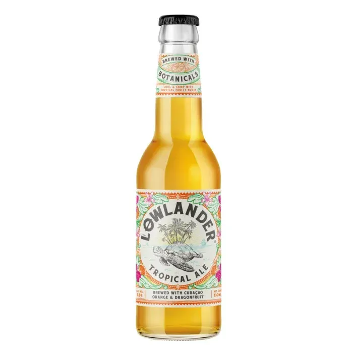 Lowlander Tropical Ale bier met sinaasappel en drakenfruit in kleurrijk flesje – tropisch en fris blond bier