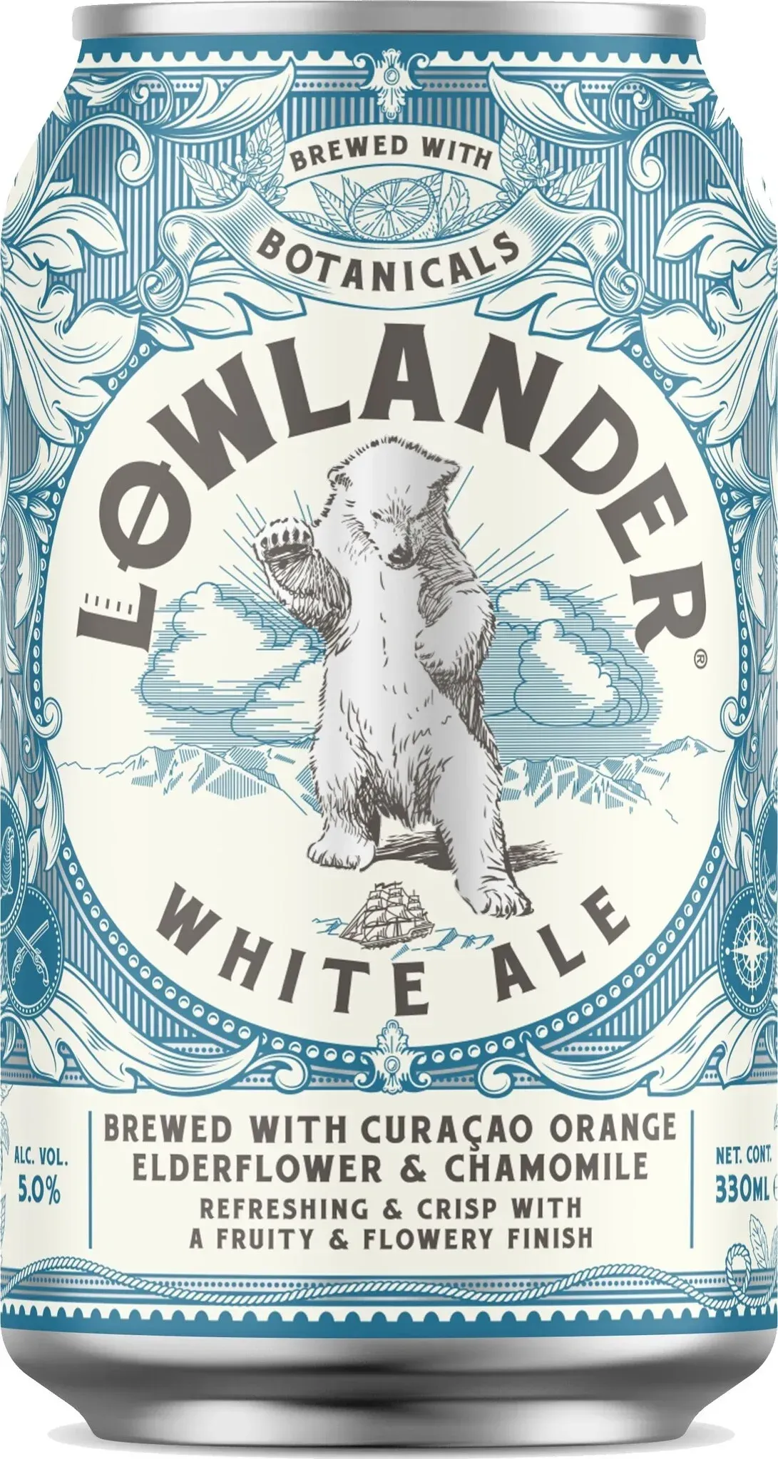 Sierlijk wit bier blik van Lowlander met ijsbeer en botanische elementen. Fris, bloemig bier met sinaasappel.