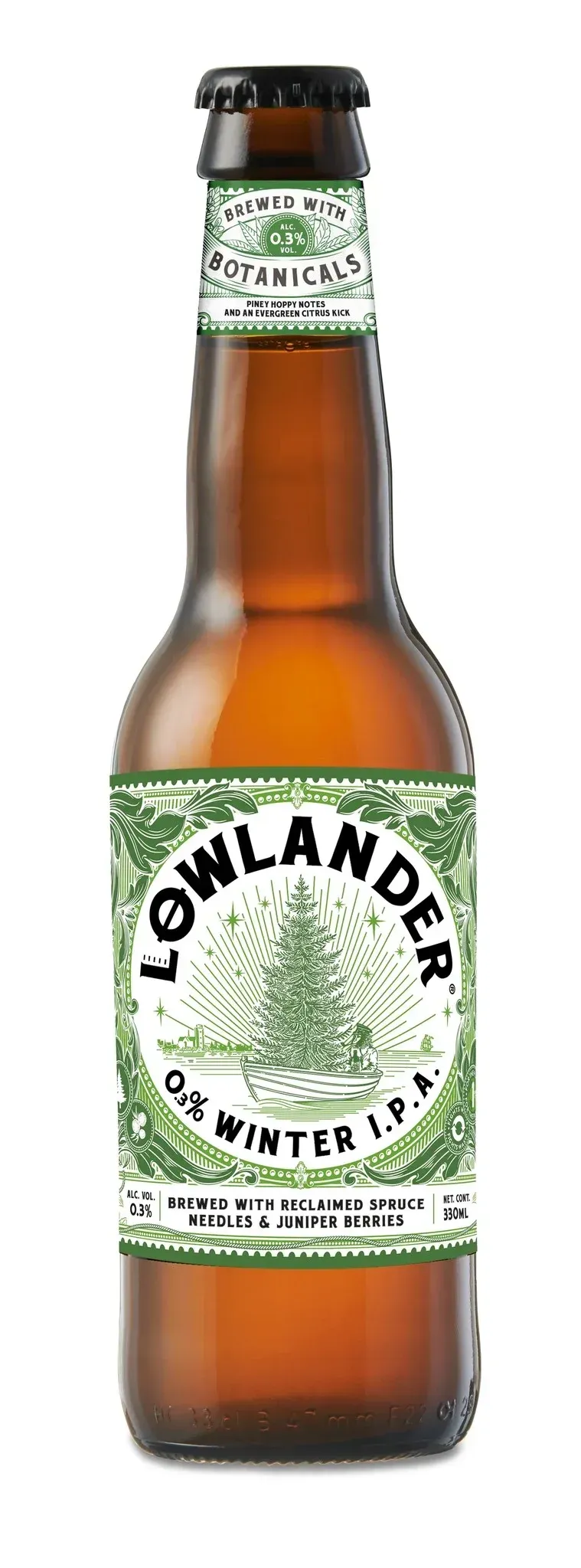 Lowlander bier alcoholarme winter IPA bier in fles met dennentonen en , label met boot en boom in groen wit design.