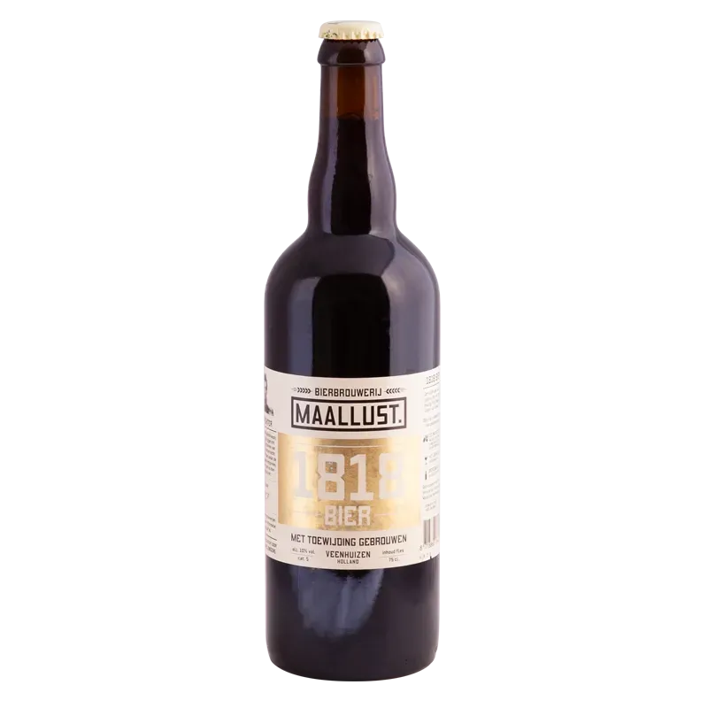 Bruine bier fles Maallust 1818 bier met goudkleurig etiket en dop, ambachtelijk speciaalbier uit Veenhuizen