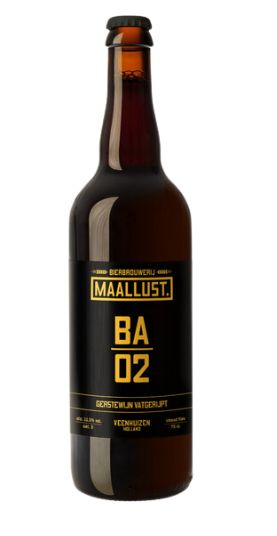 Maallust BA02 bier – bruine fles met zwart-geel etiket, gerstewijn vatgerijpt uit Veenhuizen, 11% alcohol bier.