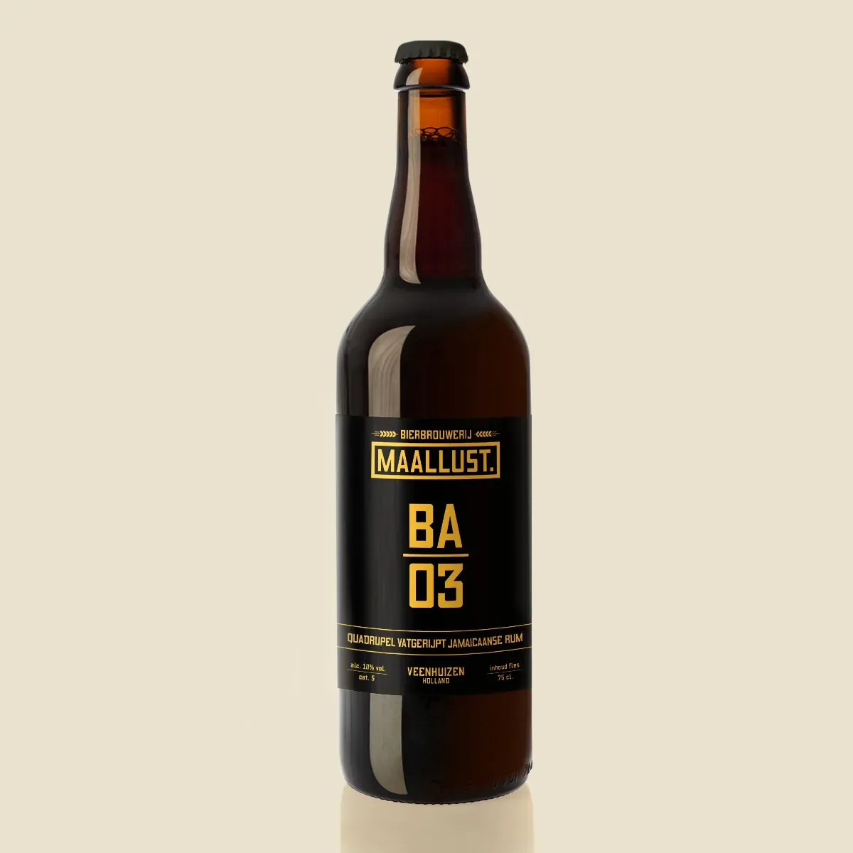 Maallust BA03 bierfles – Quadrupel bier gerijpt op Jamaicaanse rumvaten met zwart-geel etiket uit Veenhuizen, bier.