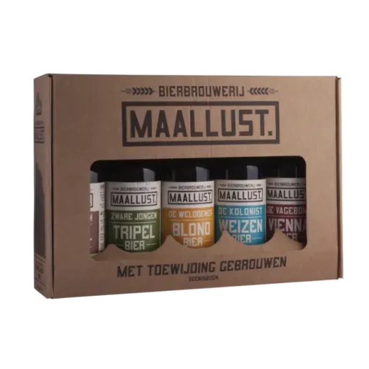 Maallust bierpakket met 5 flessen bier – Tripel, Blond, Weizen, Vienna en Vagebond bier in stevige kartonnen doos