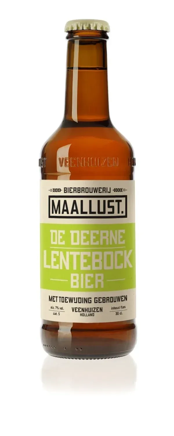 Maallust De Deerne Lentebock bier in amberkleurige bier fles met frisgroen label – stevig en kruidig lentebockbier