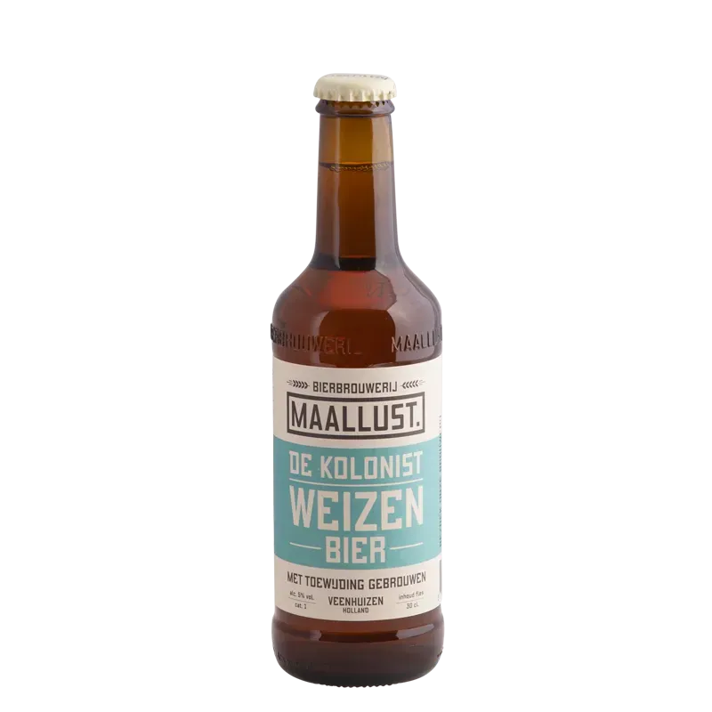 Flesje Maallust bier met turquoise etiket ‘De Kolonist Weizen Bier’, gebrouwen in Veenhuizen