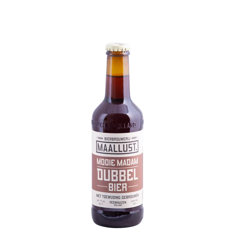 Maallust Mooie Madam Dubbel bier fles met roomwitte dop en rood bier etiket met grote witte letters op donkere achtergrond