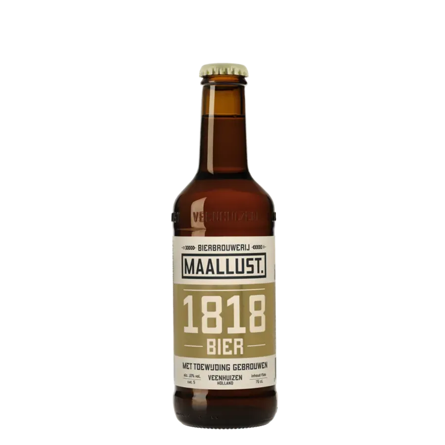 Bruin bier flesje Maallust 1818 bier met beige etiket, traditioneel speciaalbier uit Veenhuizen