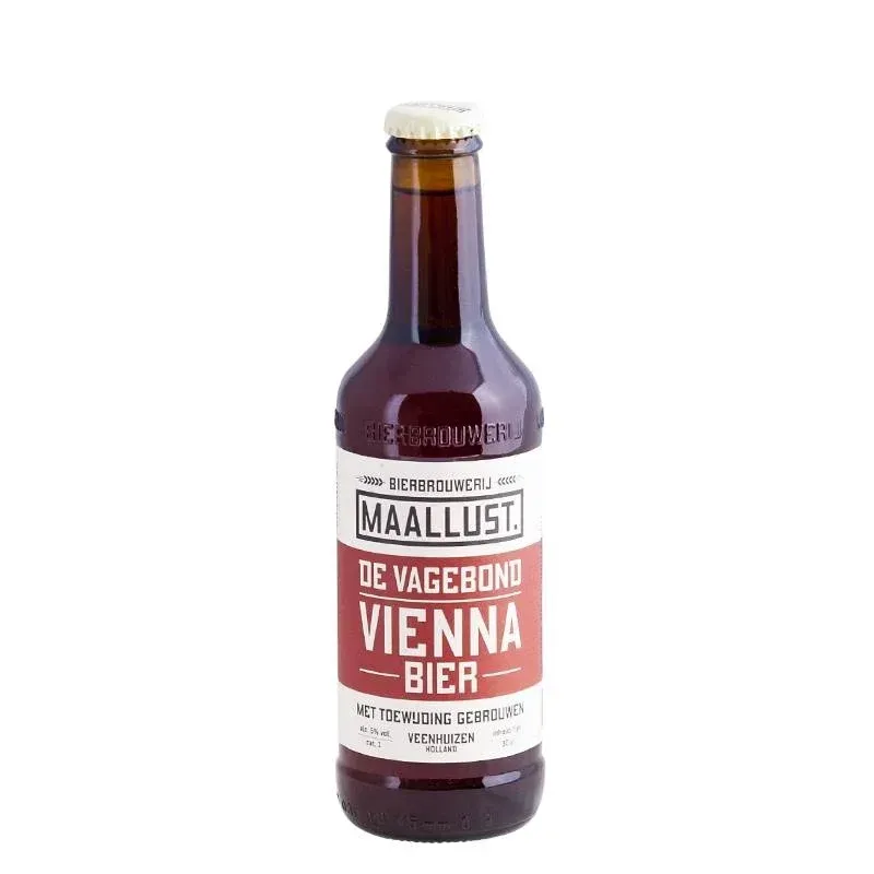 De Vagebond bier van Maallust – Vienna bier uit Veenhuizen met amberkleurige body en een klassiek, strak etiket.