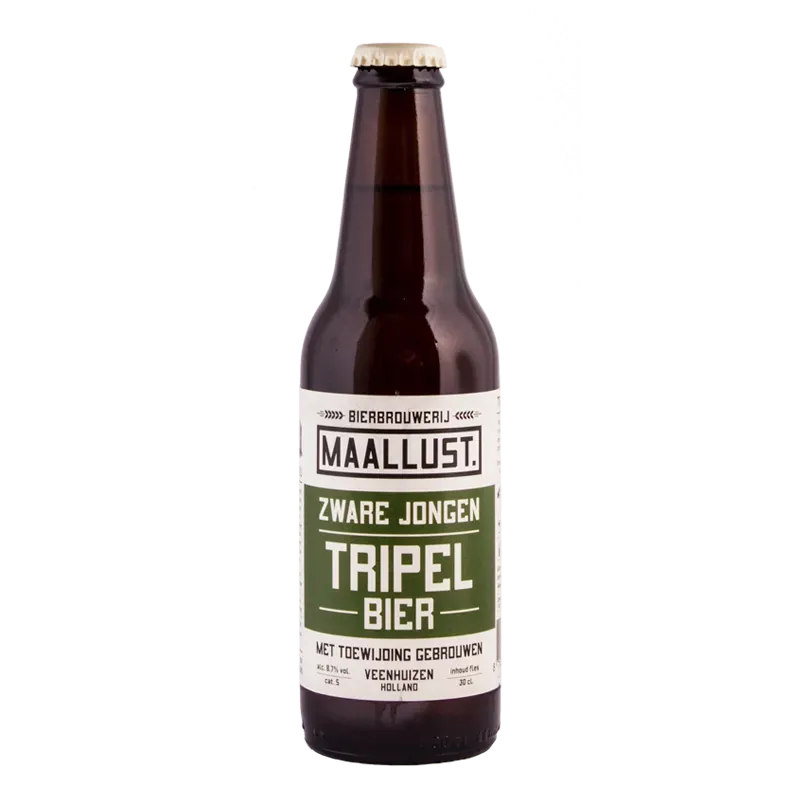 Kleine fles tripel bier van Maallust met groen-wit etiket, retrolettering en stoere stijl uit Veenhuizen