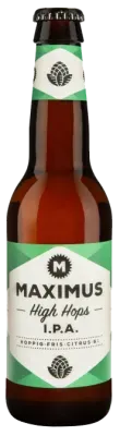 Fles High Hops IPA bier van Maximus met groen-wit etiket, hoppig en fris bier met citrusaroma’s en een strakke uitstraling
