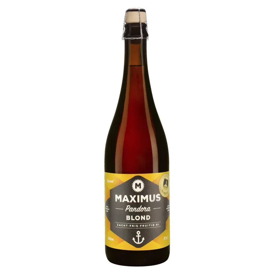Fles Maximus Pandora blond bier van 75 cl met geel en zwart label, voorzien van de beschrijving "zacht, fris, fruitig, 6%".