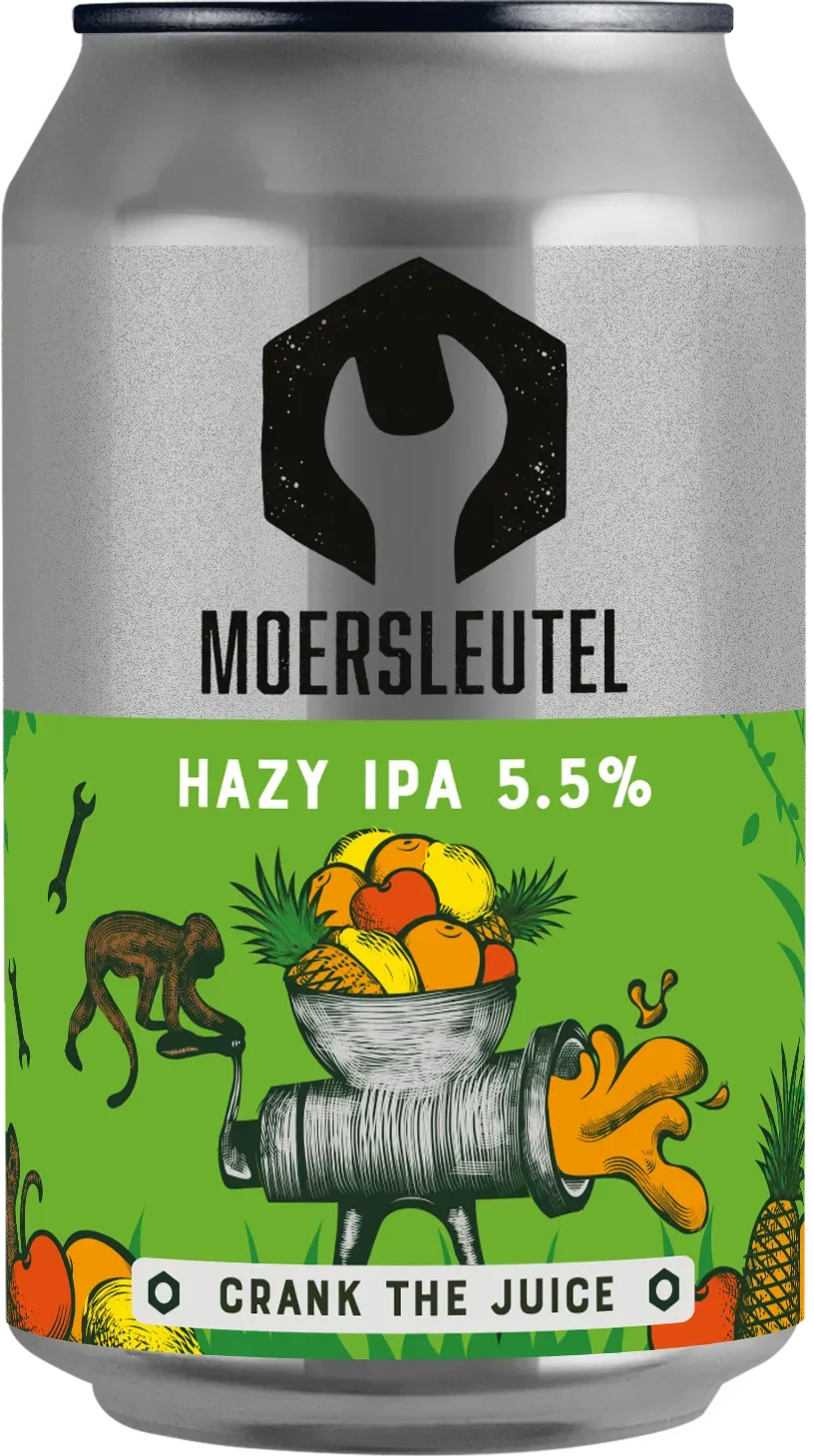 Groen blik Crank The Juice bier van Moersleutel met fruitpers en tropisch fruit, speelse Hazy IPA met sappig bier karakter.