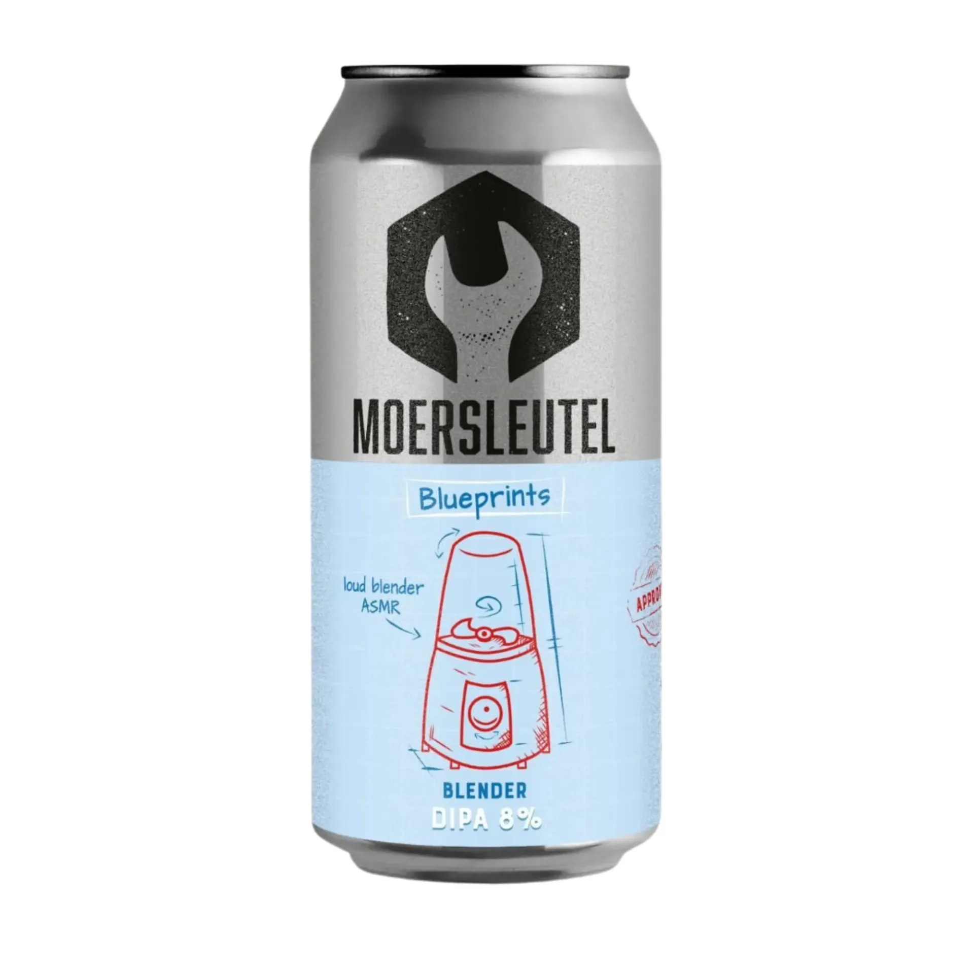 Grijs bierblik met blauw etiket en cartoonblender, Moersleutel Blueprints Blender DIPA bier met 8 procent alcohol