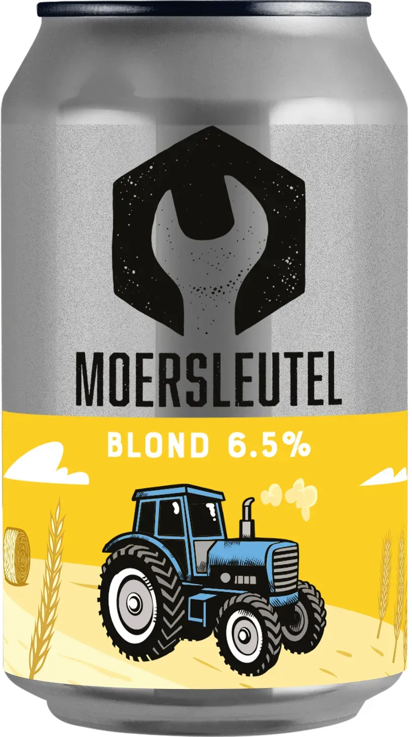 zilverkleurig blik moersleutel blond bier 6.5% met blauwe tractor en gele akker op het etiket
