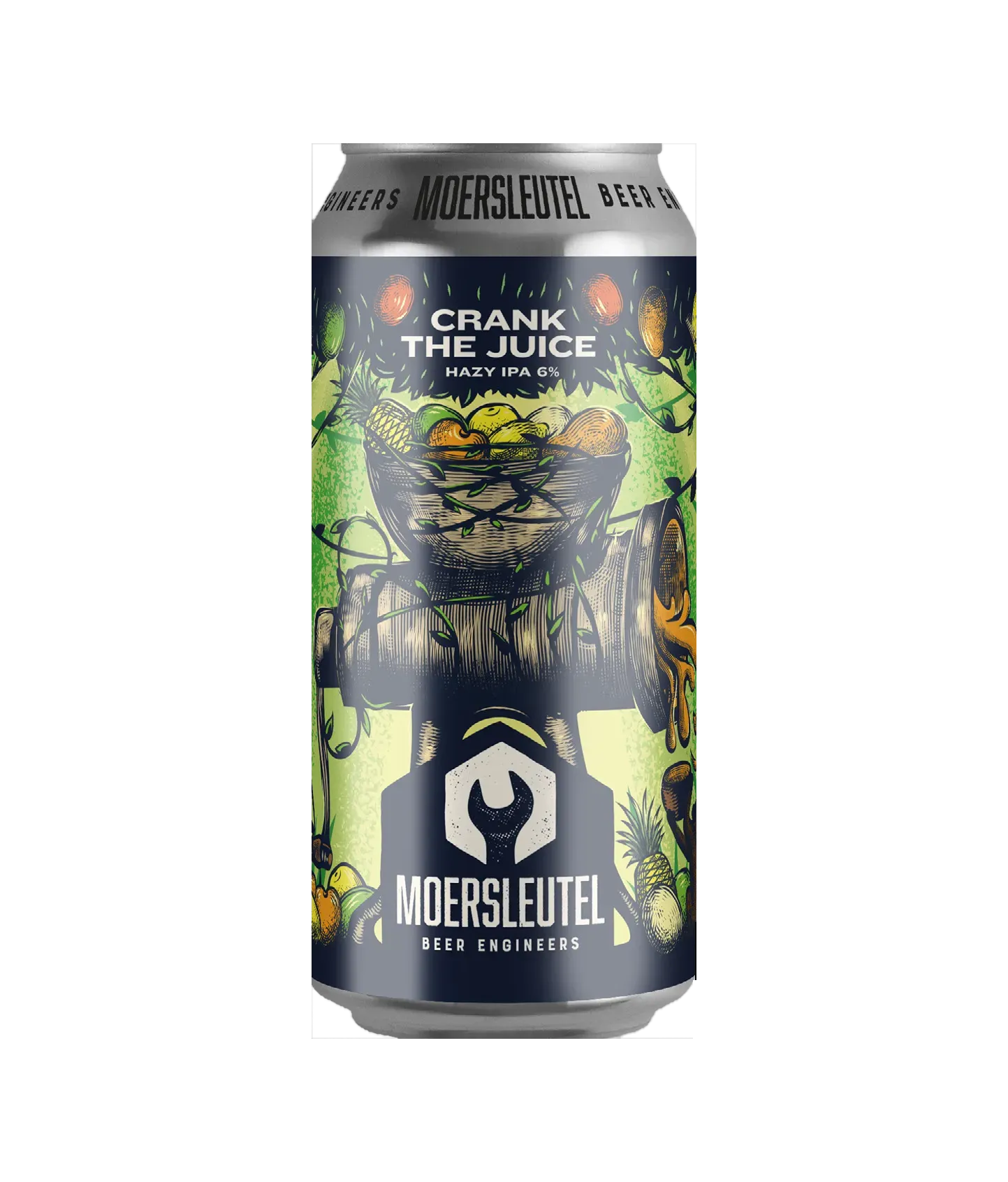 Stoer blik Crank The Juice bier van Moersleutel met fruitpers-illustratie, hazy IPA stijl en tropisch bier karakter.