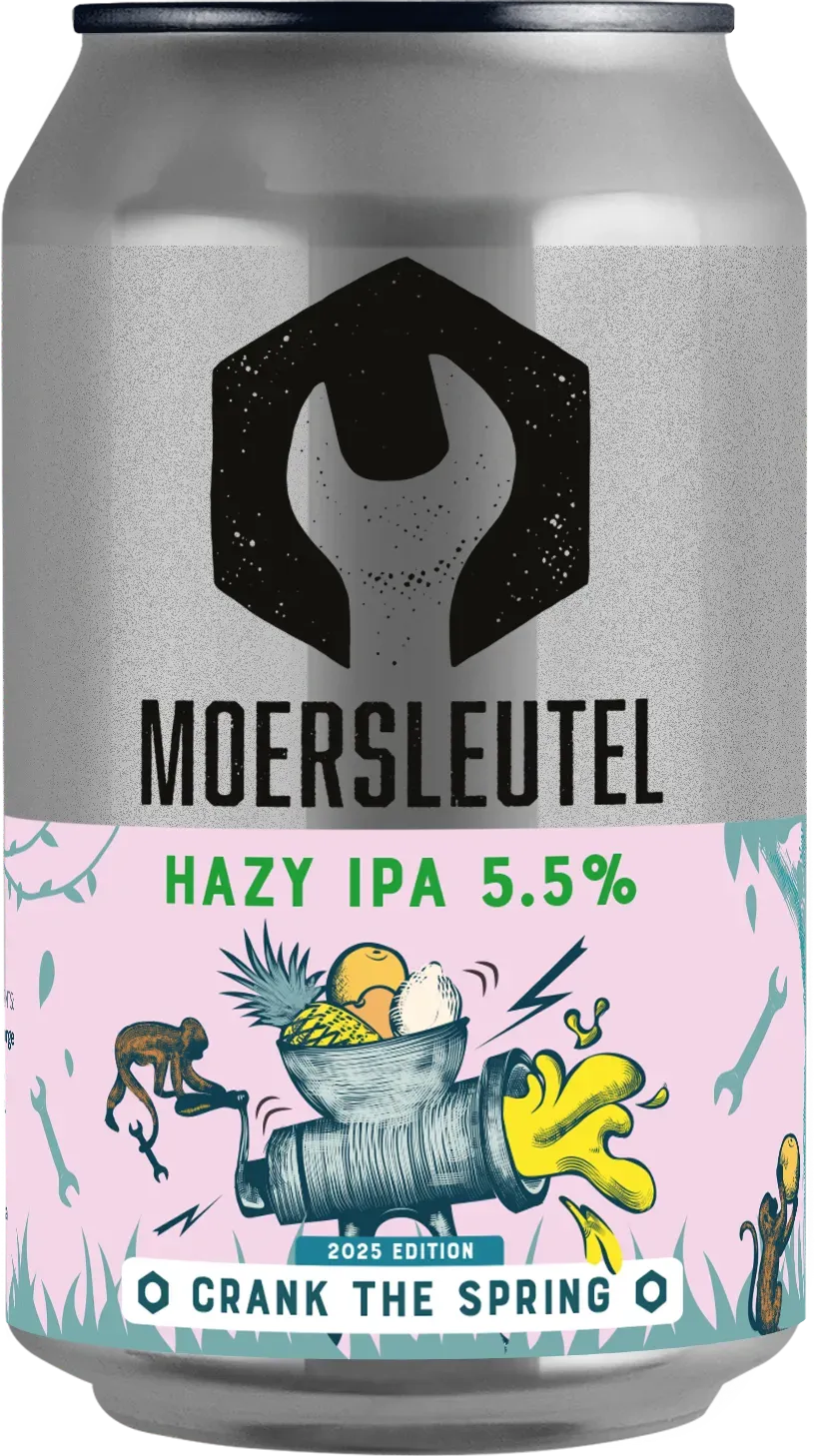 Blikje hazy IPA bier van Moersleutel met zilvergrijze bovenkant, roze tropisch etiket en illustraties van fruit