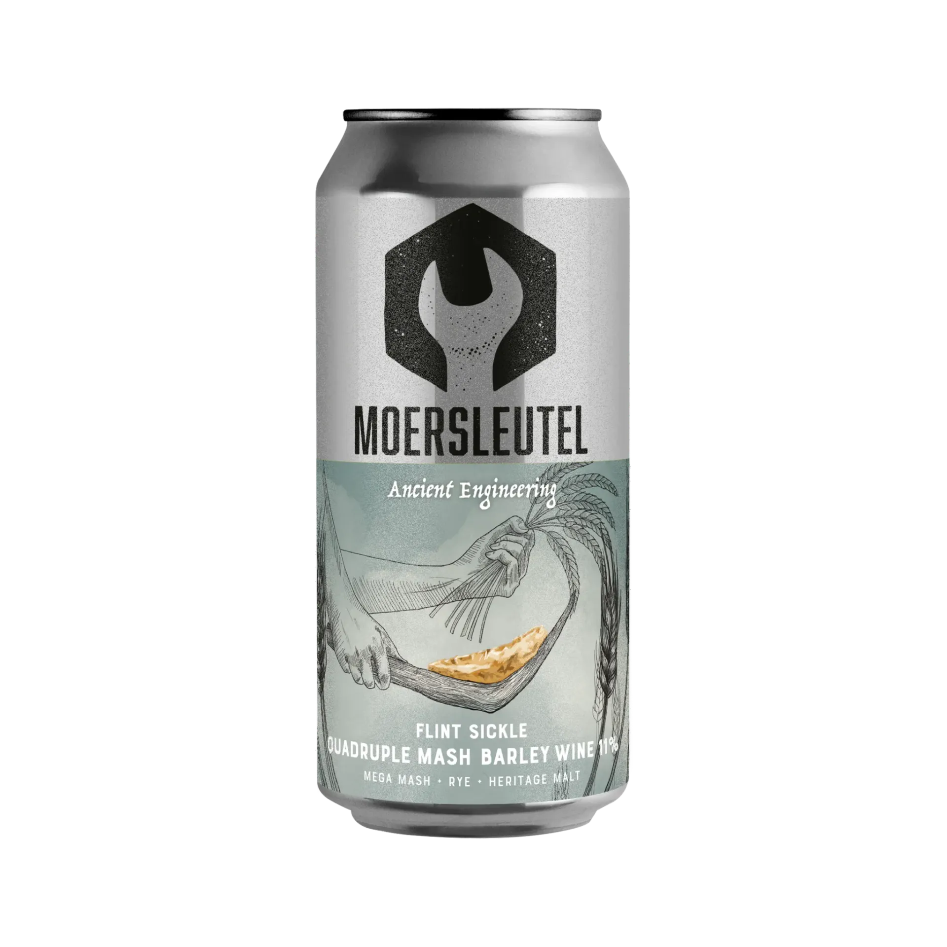 Flint Sickle bier van Moersleutel – krachtige barley wine in zilver blik met graantekening en logo in steeksleutelvorm.
