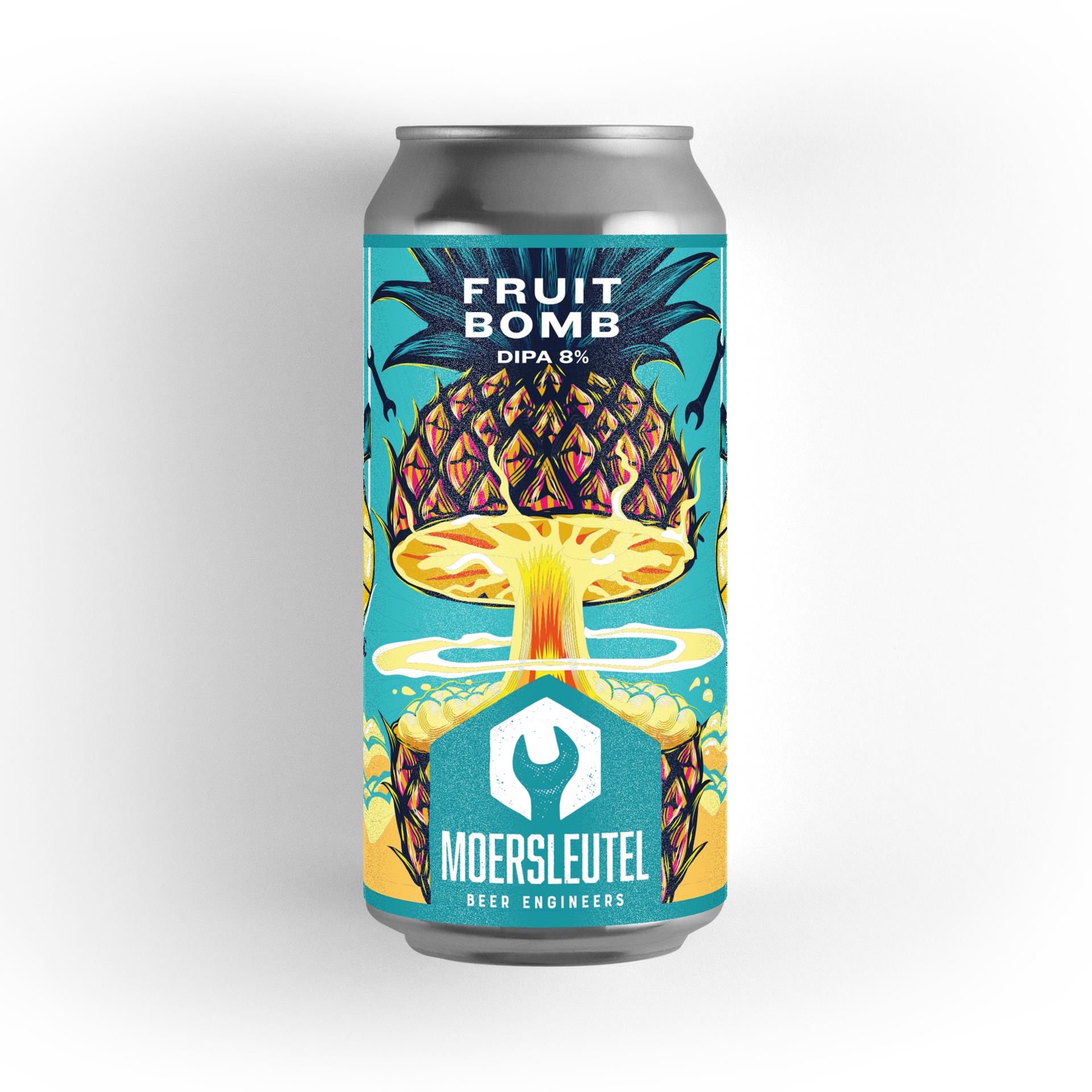 Kleurrijk bier blik met ananas die ontploft als paddenstoelwolk – Fruit Bomb is een tropische DIPA bier van 8%.