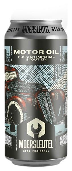Blik Motor Oil bier van Moersleutel, 12% Russian Imperial Stout met klassiek autodesign op het etiket