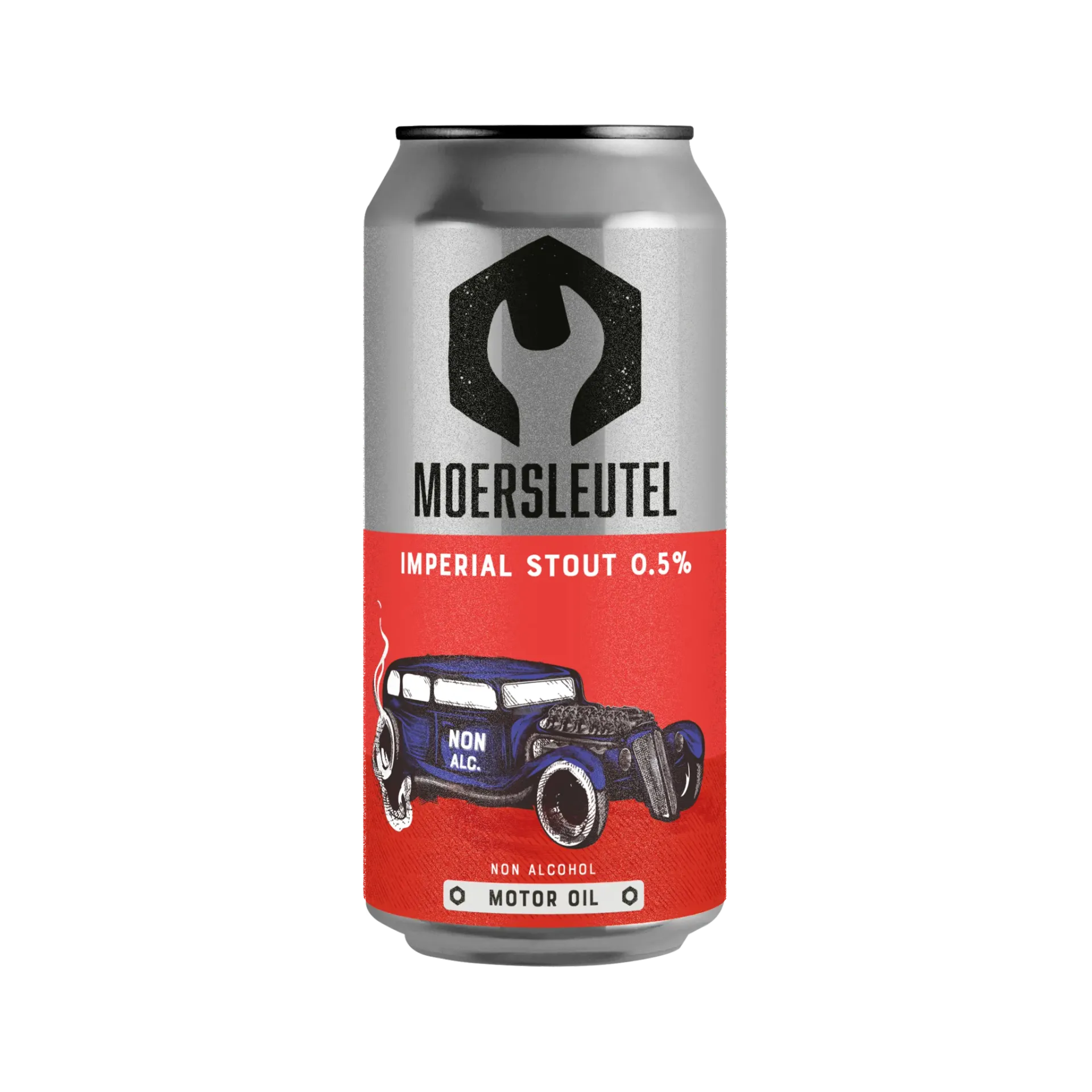 Blik bier Motor Oil 0.5% Imperial Stout van Moersleutel met auto-illustratie, alcoholarme stout met volle donkere smaak