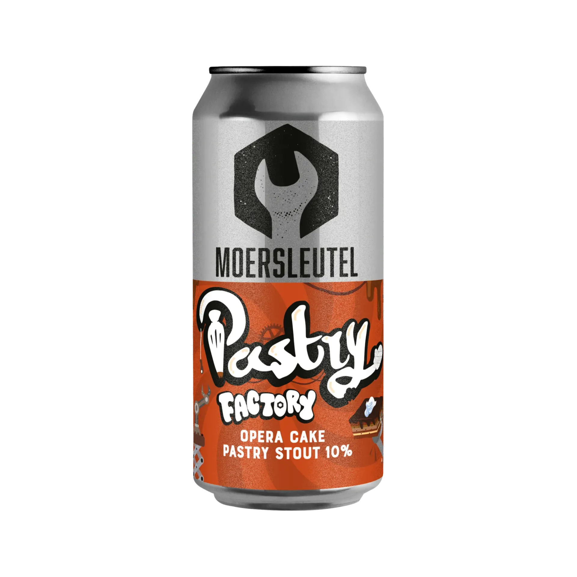 Blik Pastry Factory bier van Moersleutel, opera cake pastry stout van 10% met bruin dessertetiket