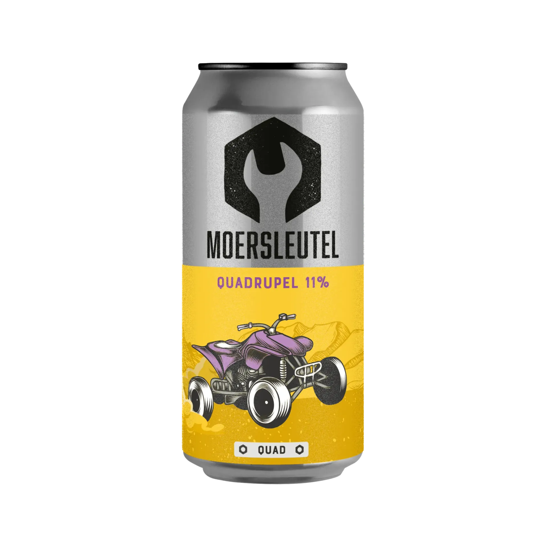Zilveren bier blik Moersleutel Quad met paarse quad en geel etiket, Quadrupel bier van 11 procent